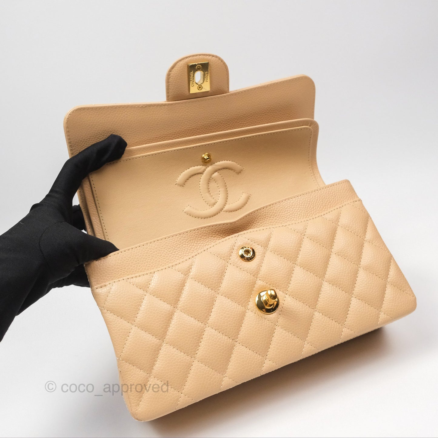 Chanel Classic Small S/M Quilted Flap Beige Caviar Gold Hardware