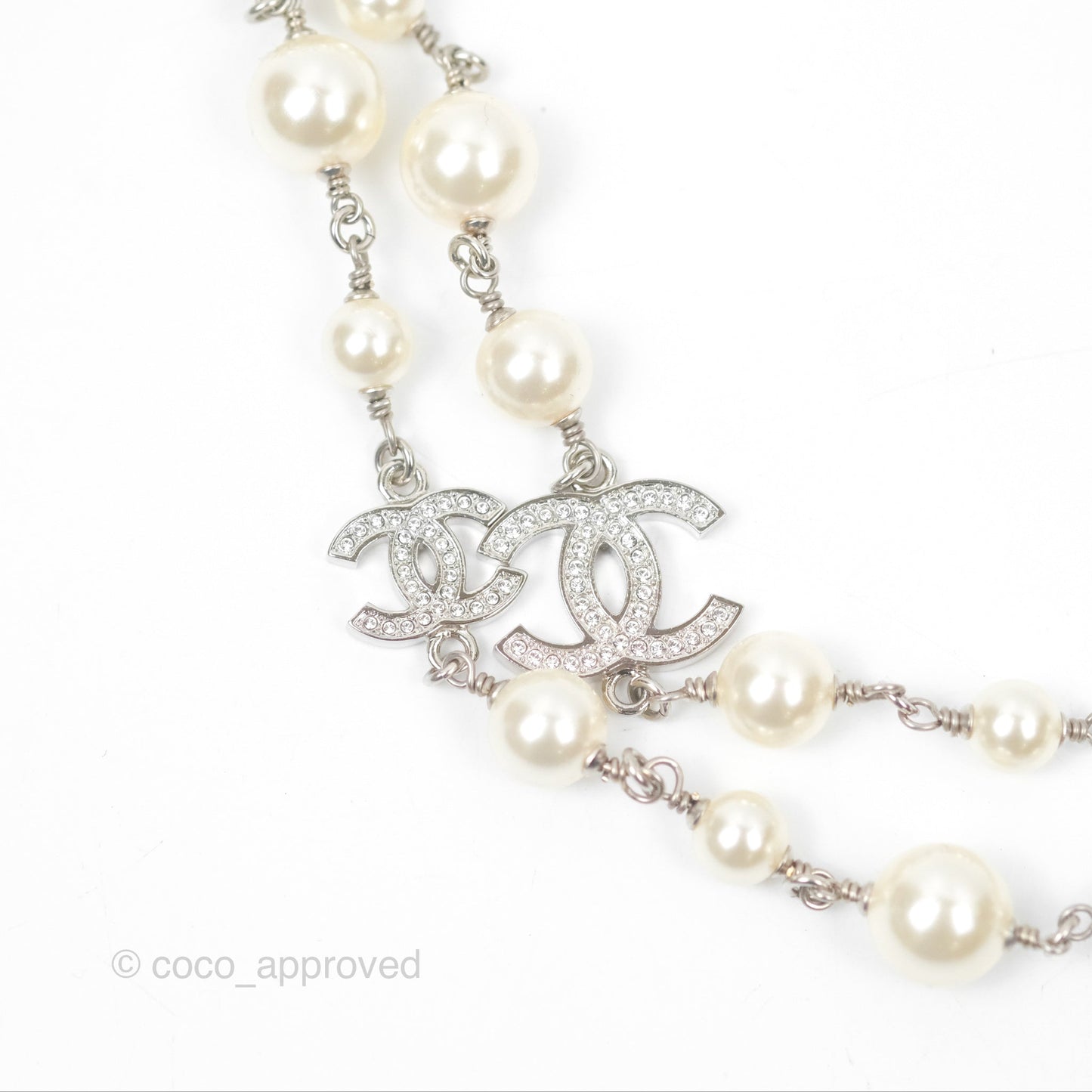 Chanel CC Crystal Pearl Long Necklace Silver Tone 23V