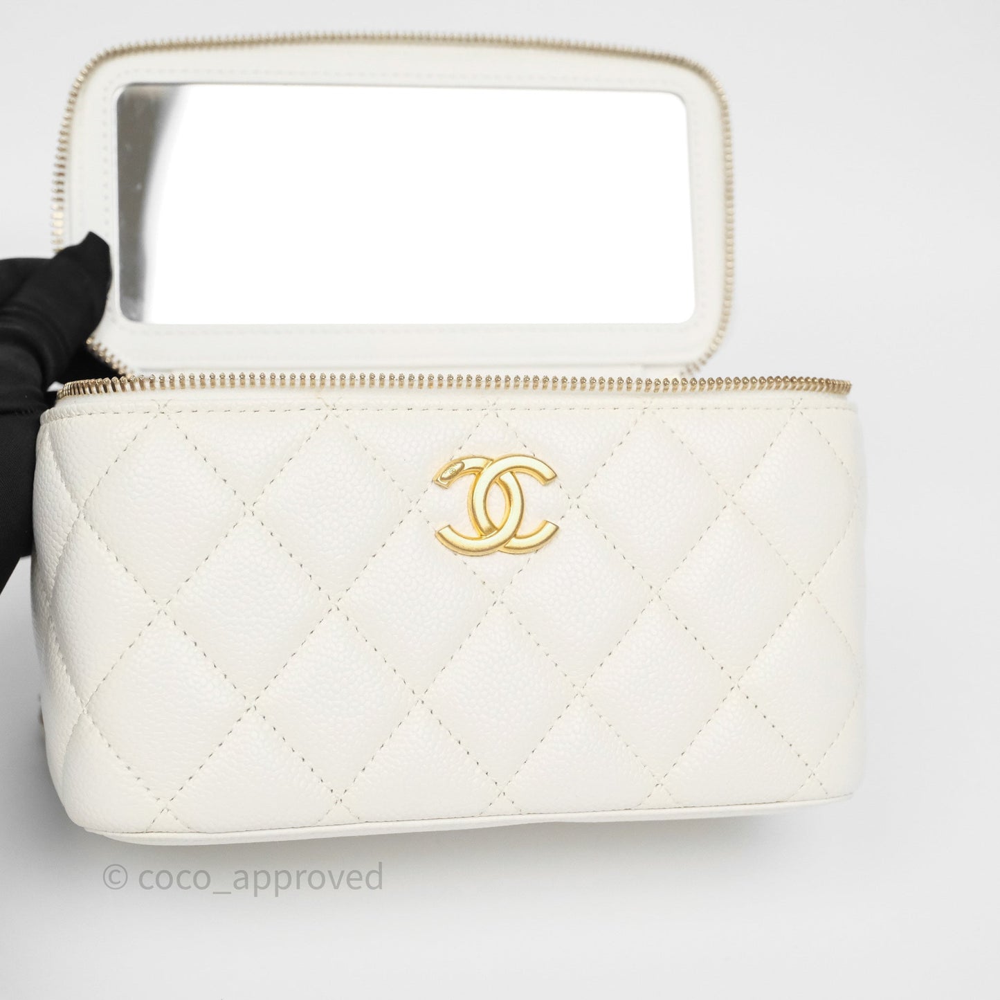 Chanel Logo Top Handle Vanity Rectangular White Caviar Aged Gold Hardware
