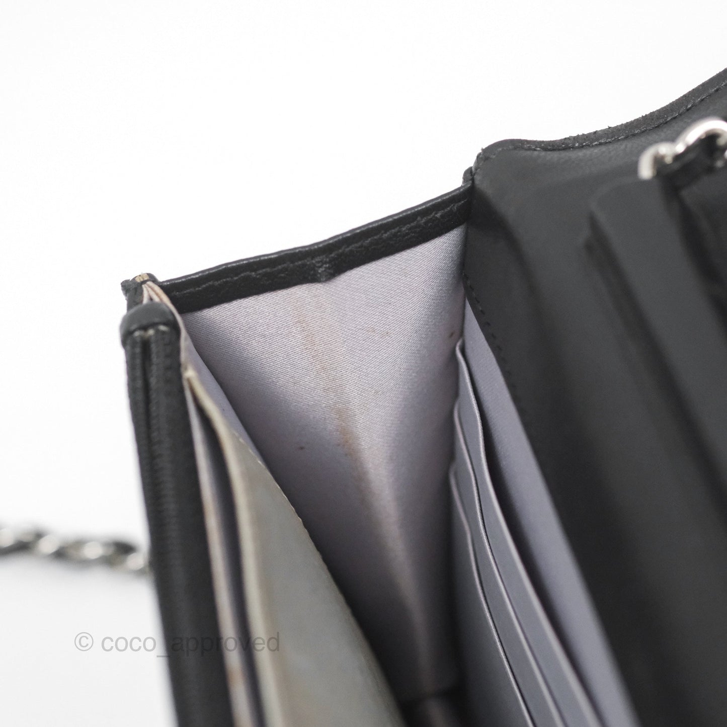 Chanel Camellia Embossed Wallet on Chain WOC Black Lambskin Silver Hardware