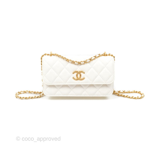 Chanel Dynasty Phone Holder with Chain White Ivory Lambskin Aged Gold Hardware