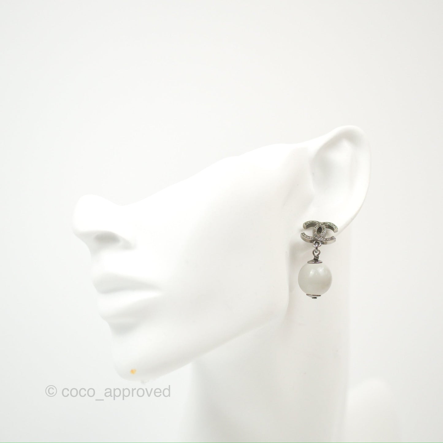 Chanel CC Pearl Drop Earrings Gun Metal 13A