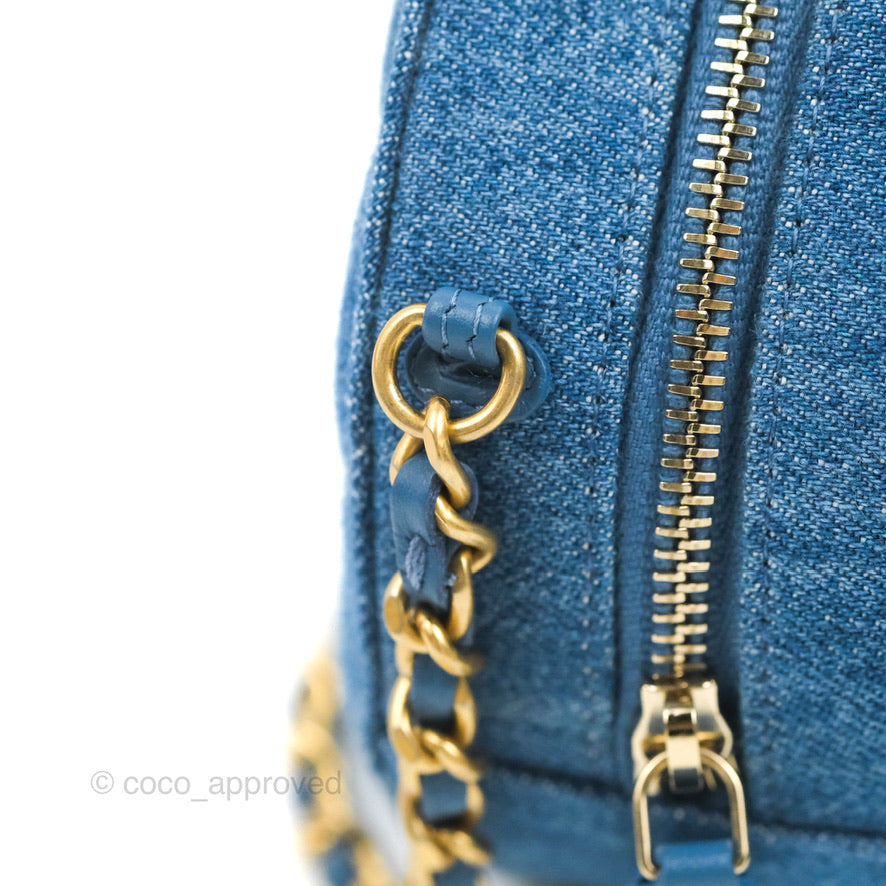 Chanel Quilted Pearl Crush Round Clutch With Chain Denim Aged Gold Hardware
