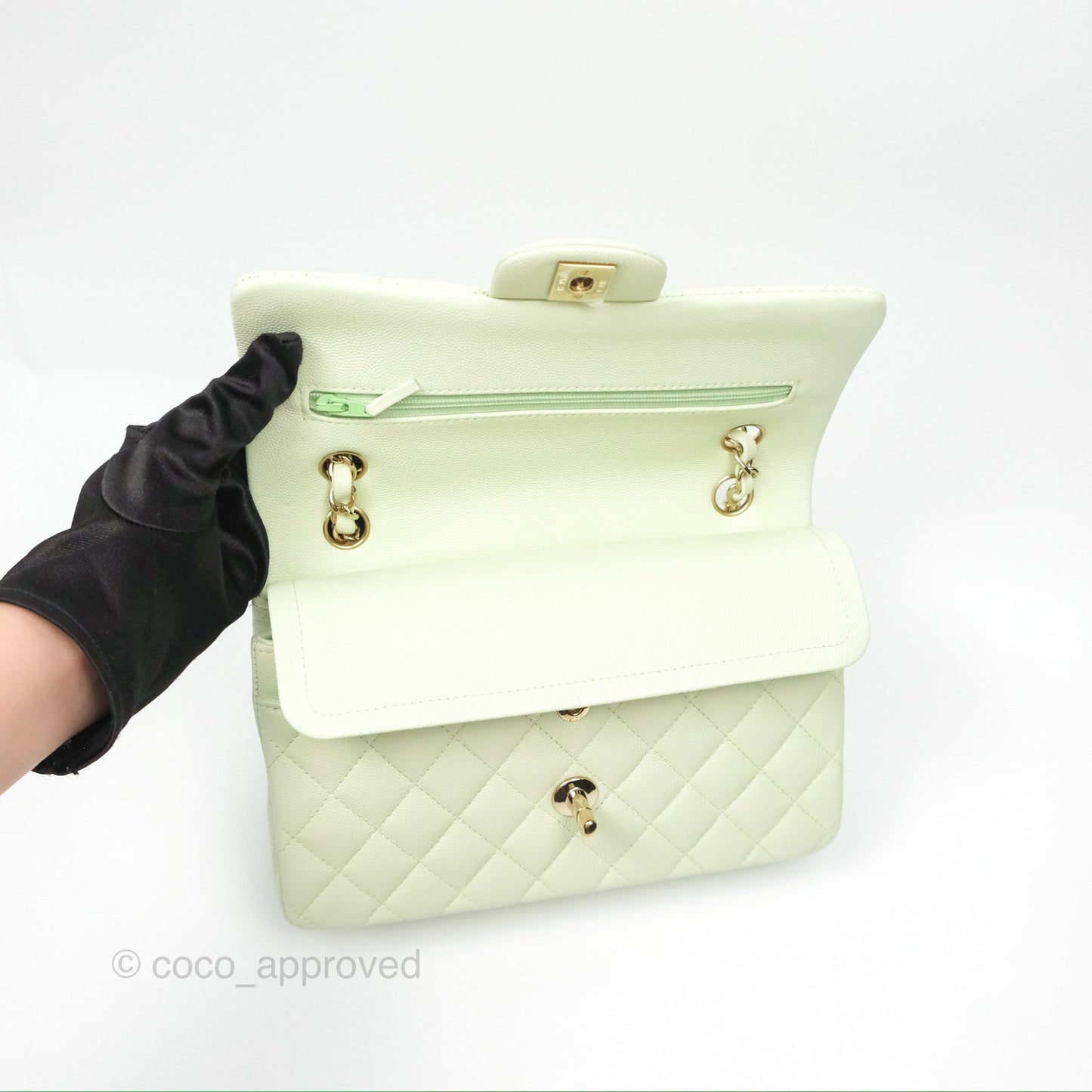 Chanel Small Classic Quilted Flap Mint Green Caviar Gold Hardware 22C