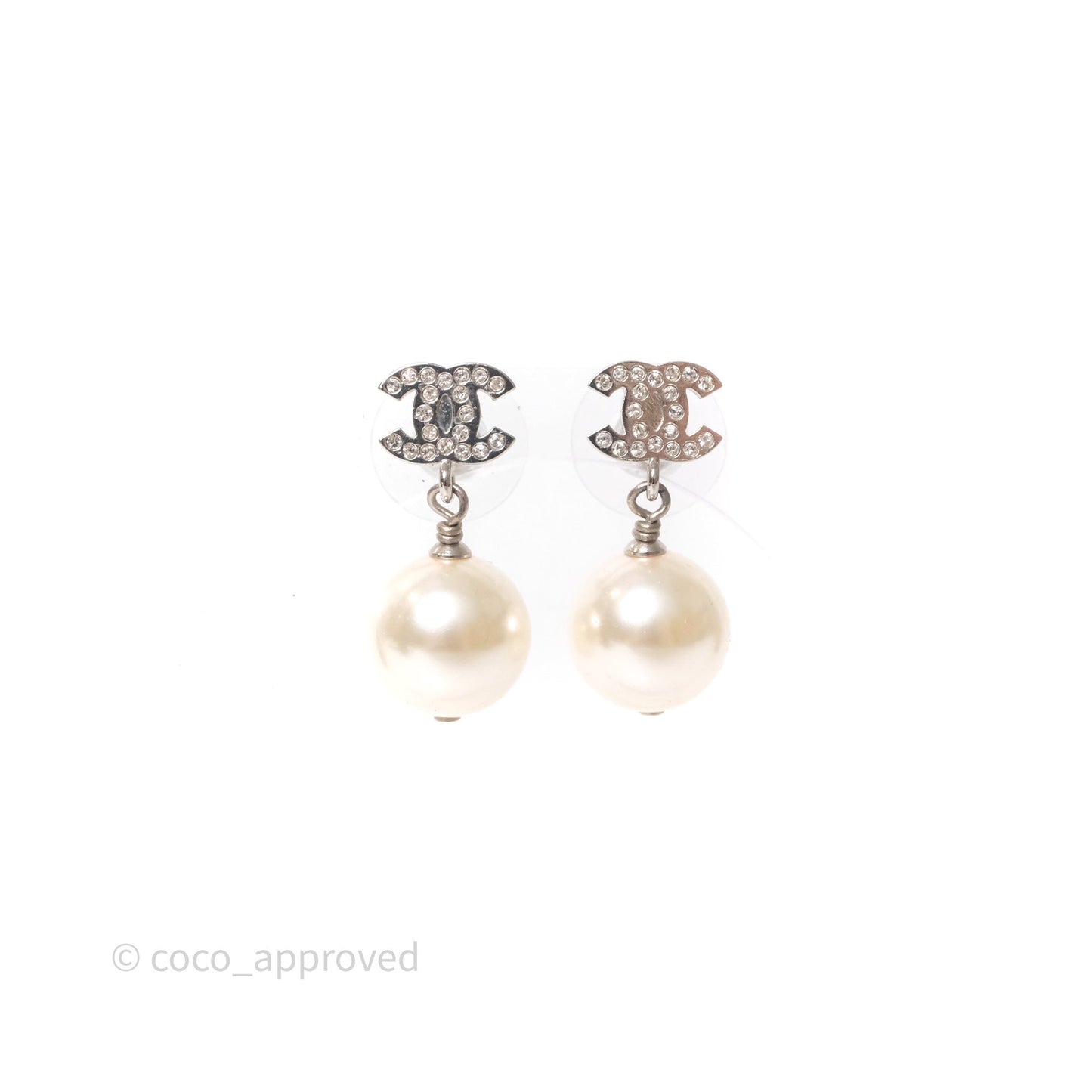 Chanel CC Crystal Pearl Drop Earrings Silver Tone 21V