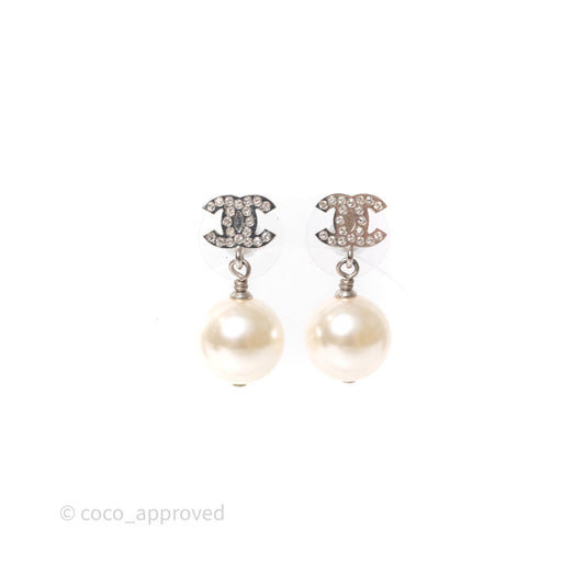Chanel CC Crystal Pearl Drop Earrings Silver Tone 21V