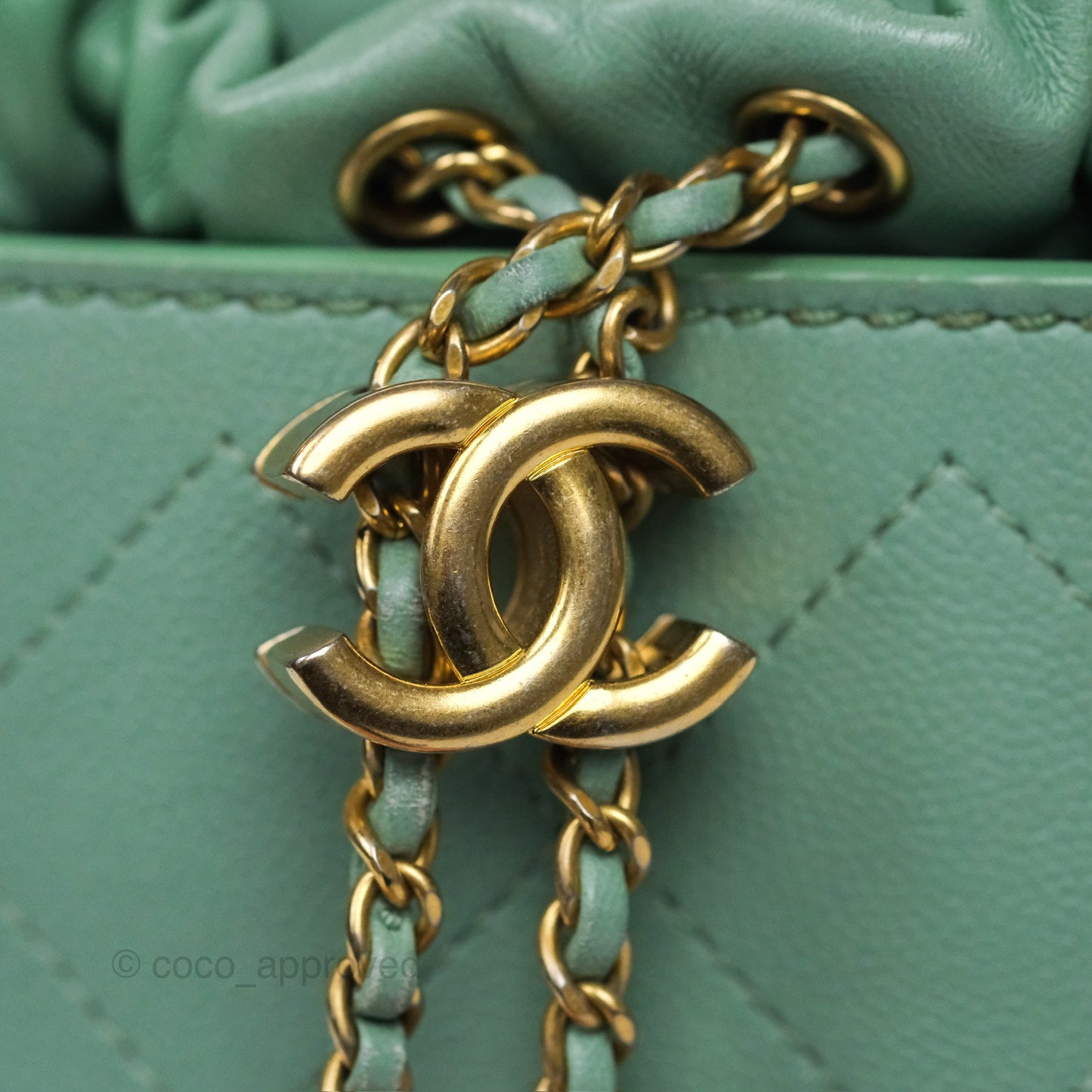 Chanel Drawstring Bucket Bag Quilted Green Caviar Aged Gold Hardware