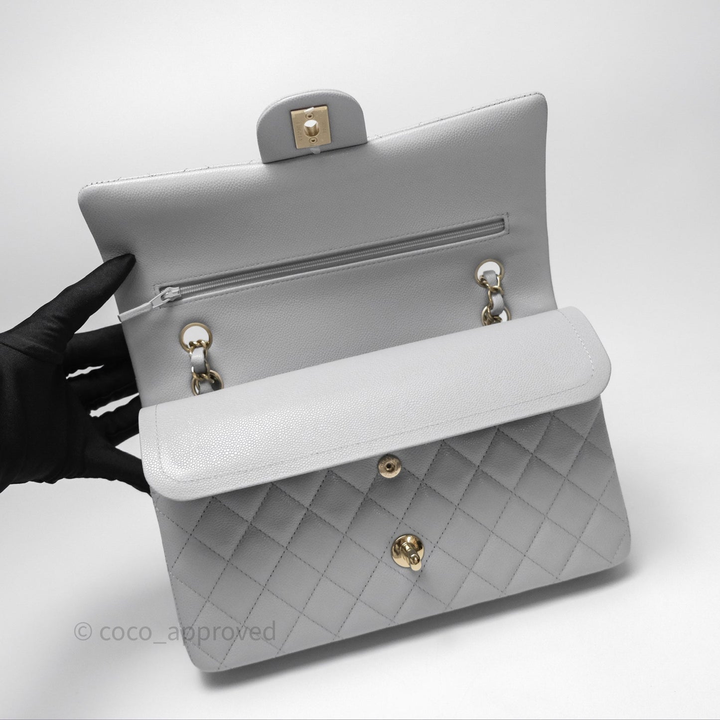 Chanel M/L Medium Classic Flap Quilted Grey Caviar Gold Hardware