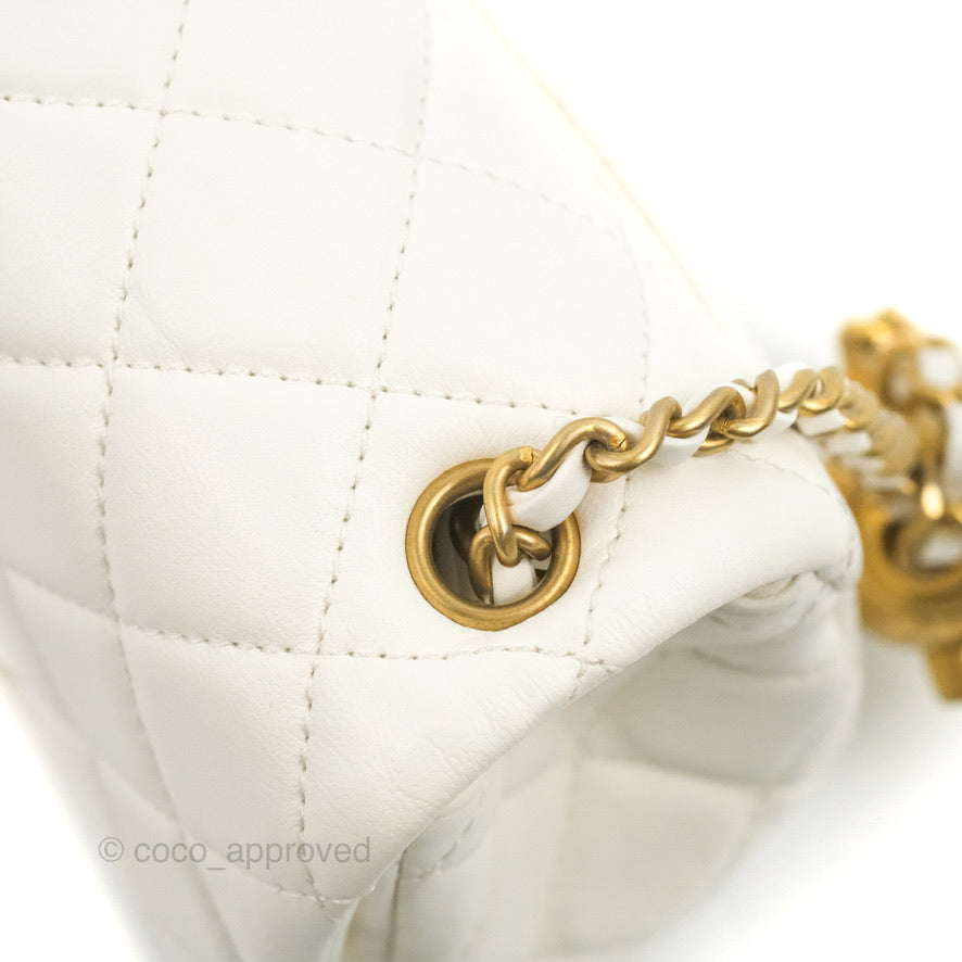 Chanel Mini Square Pearl Crush Quilted White Lambskin Aged Gold Hardware