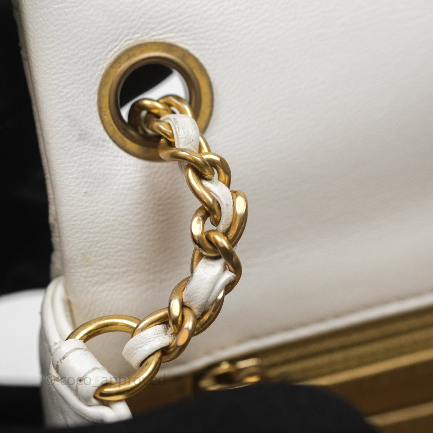 Chanel Mini Rectangular Pearl Crush Quilted White Lambskin Aged Gold Hardware
