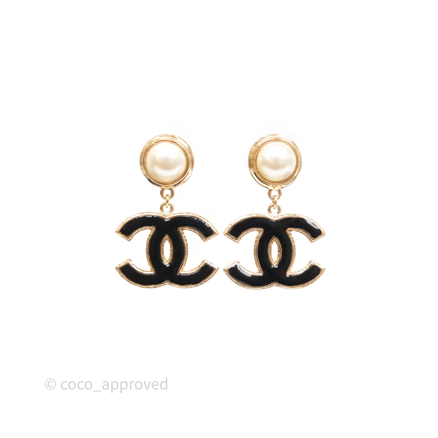 Chanel Round Pearl CC Black Resin Drop Earrings Gold Tone 22A