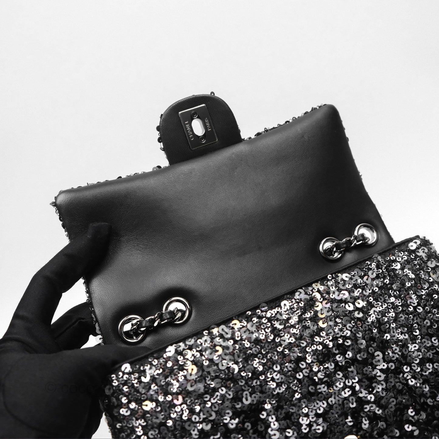 Chanel Flap Bag Sequin Black Silver Hardware 23S