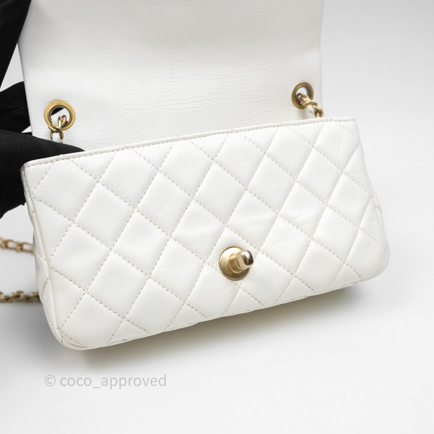 Chanel Mini Rectangular Pearl Crush Quilted White Lambskin Aged Gold Hardware
