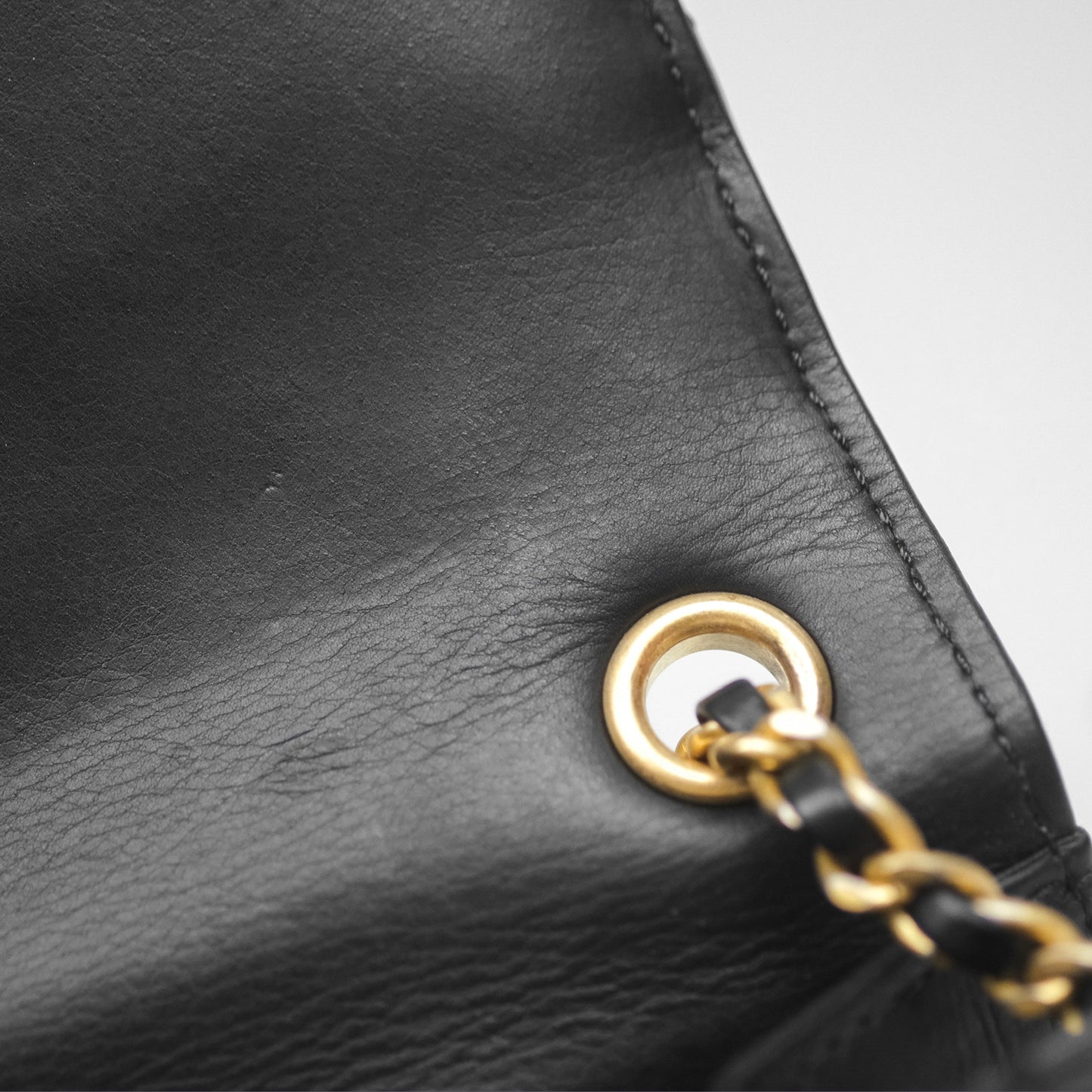 Chanel Quilted Side Chain Flap Bag Black Calfskin Aged Gold Hardware