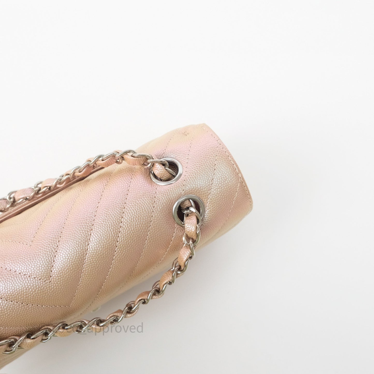 Chanel Classic Medium Double Flap Chevron Iridescent Rose Gold Pink Caviar 17B