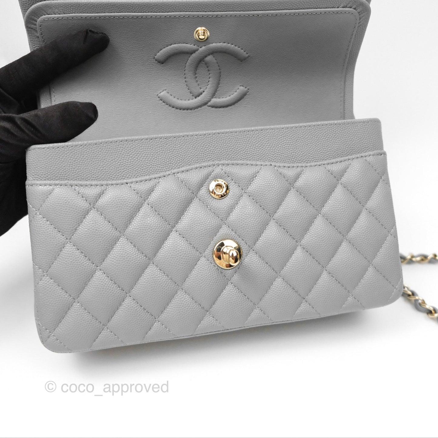 Chanel Small Classic Quilted Flap Grey Caviar Gold Hardware