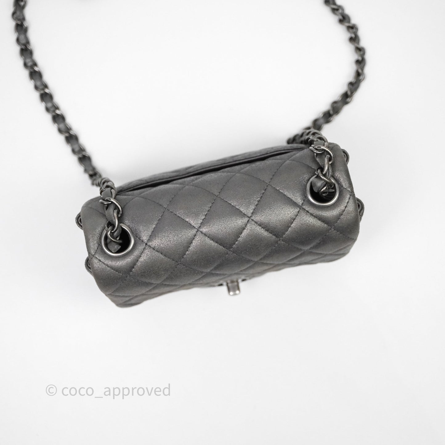 Chanel Mini Square Iridescent Grey Suede Gun Metal Hardware