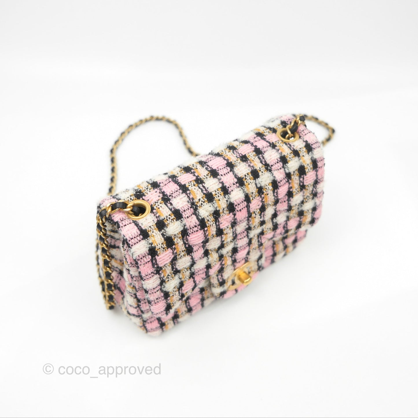 Chanel Pearl Crush Mini Square Quilted Pink Tweed Aged Gold Hardware