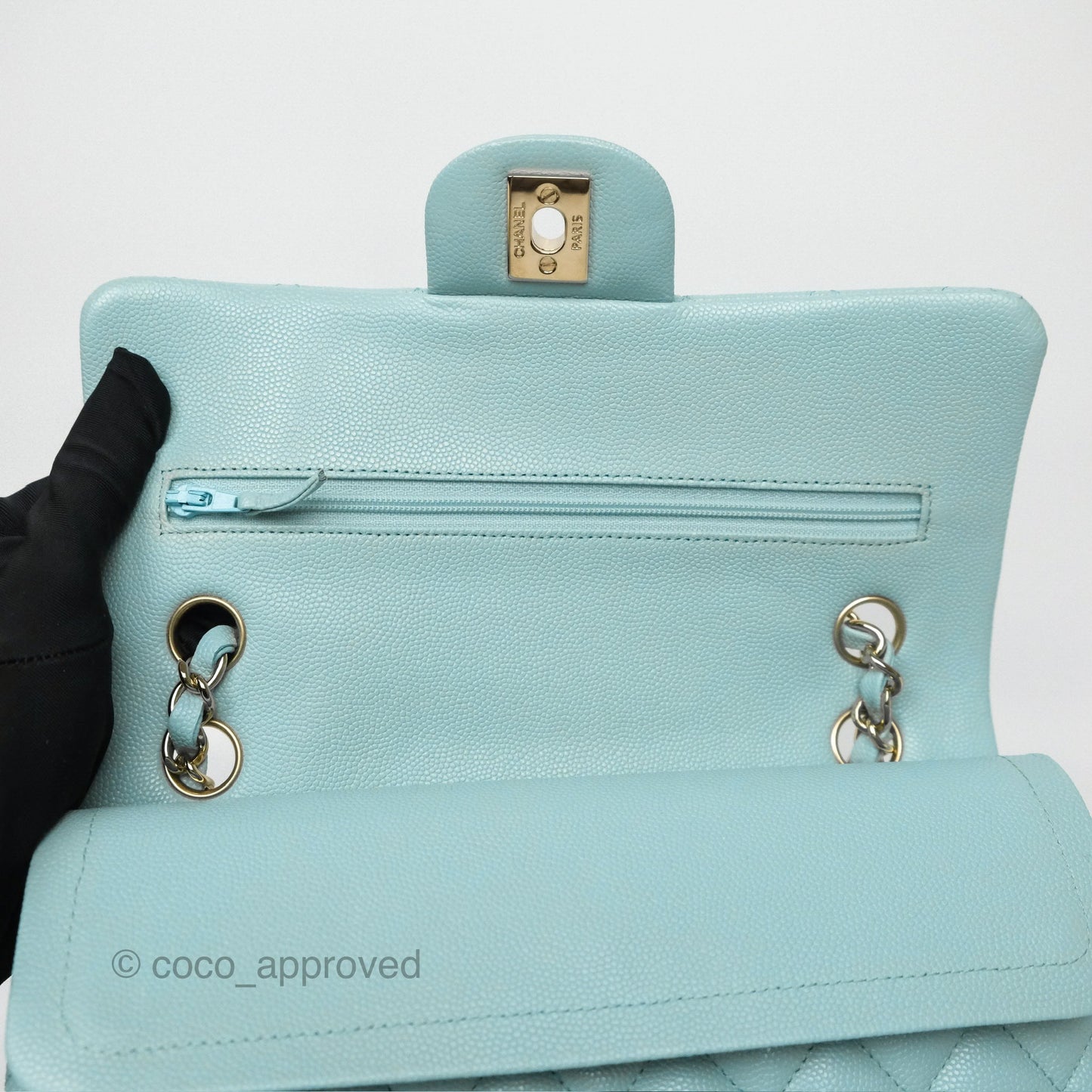 Chanel Small S/M Classic Flap Quilted Tiffany Blue Caviar Gold Hardware