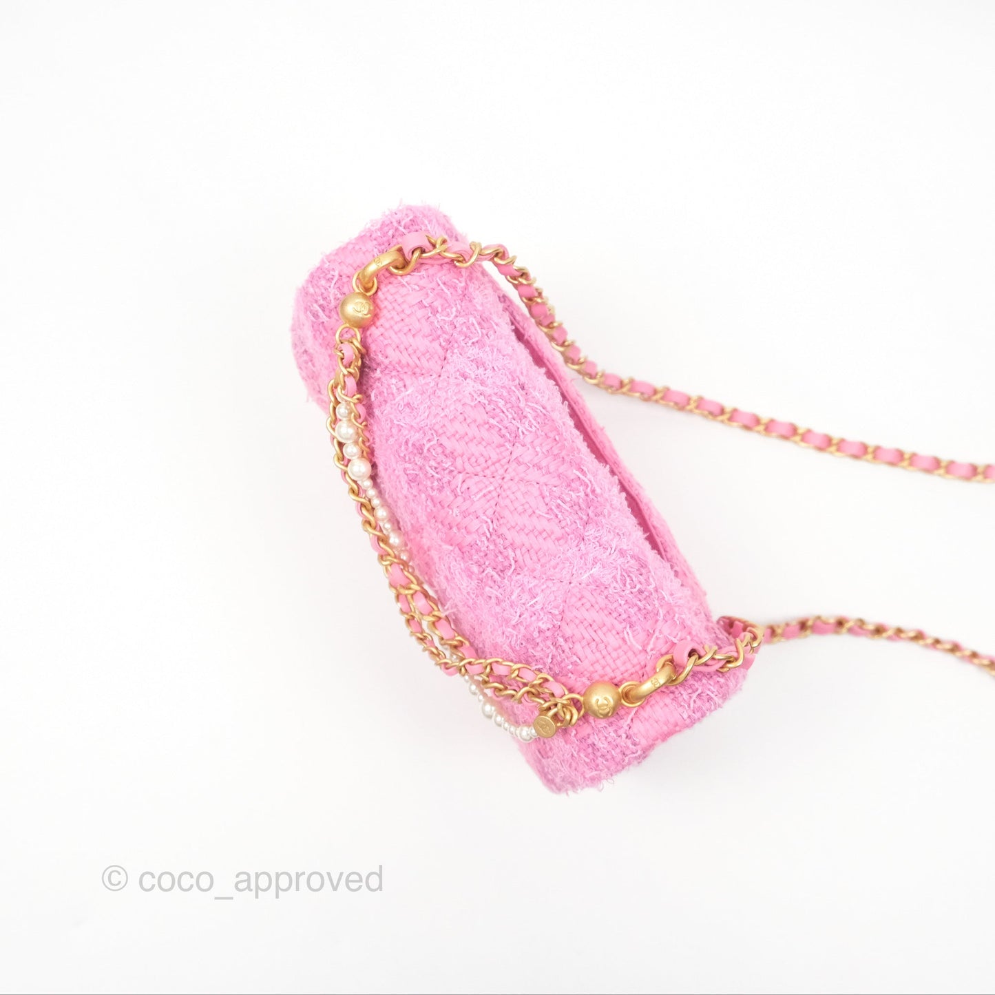 Chanel Mini Flap Bag with Pearl Chain Pink Tweed Aged Gold Hardware