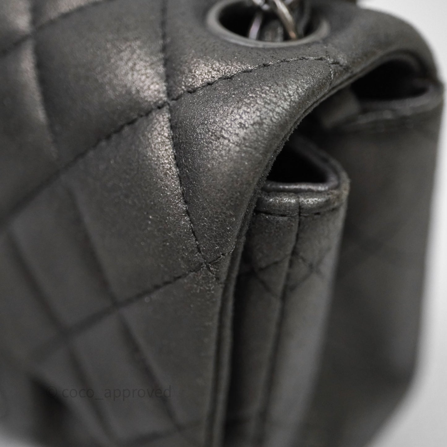 Chanel Mini Square Iridescent Grey Suede Gun Metal Hardware