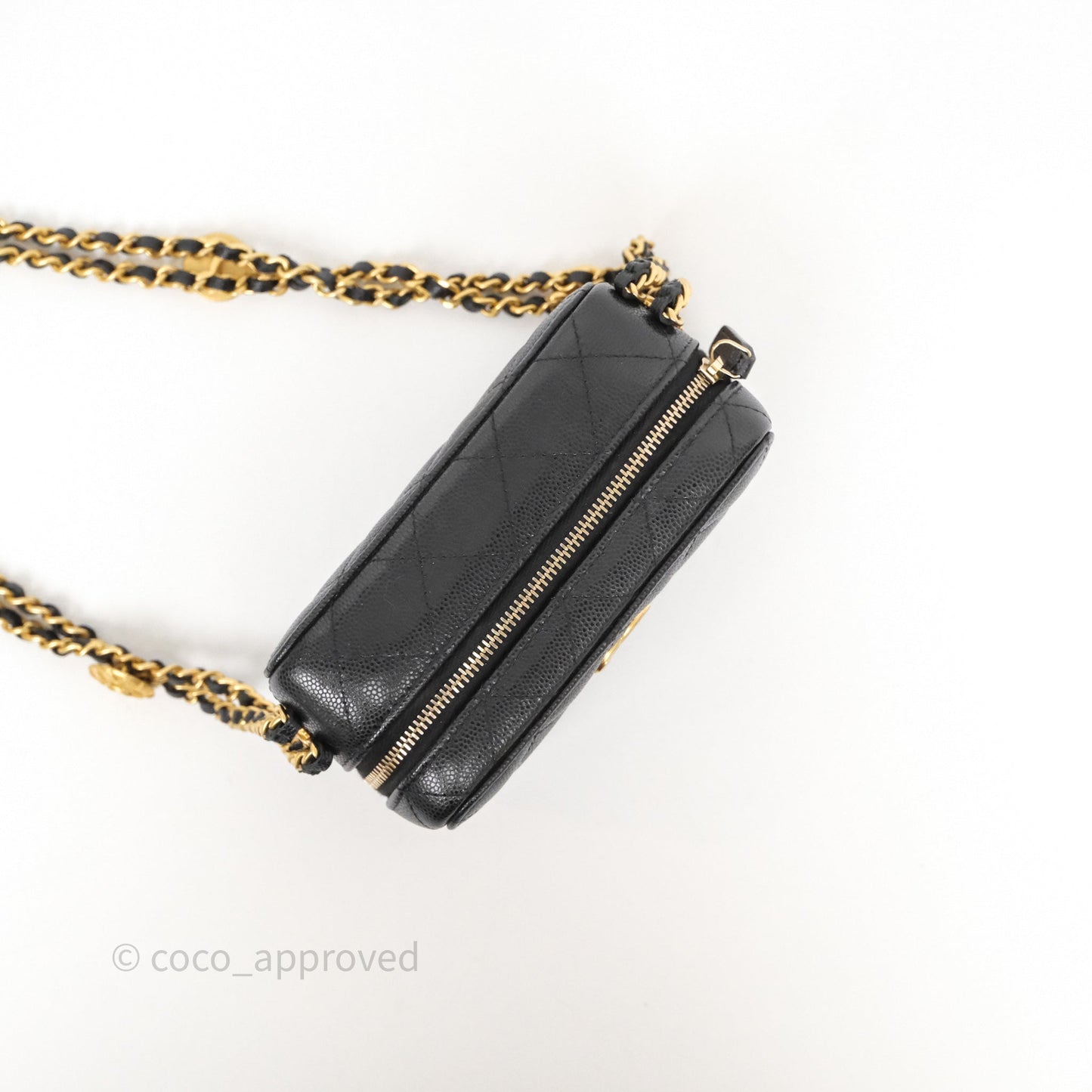 Chanel Quilted CC Coins Purse Chain Camera Case Black Caviar Aged Gold Hardware