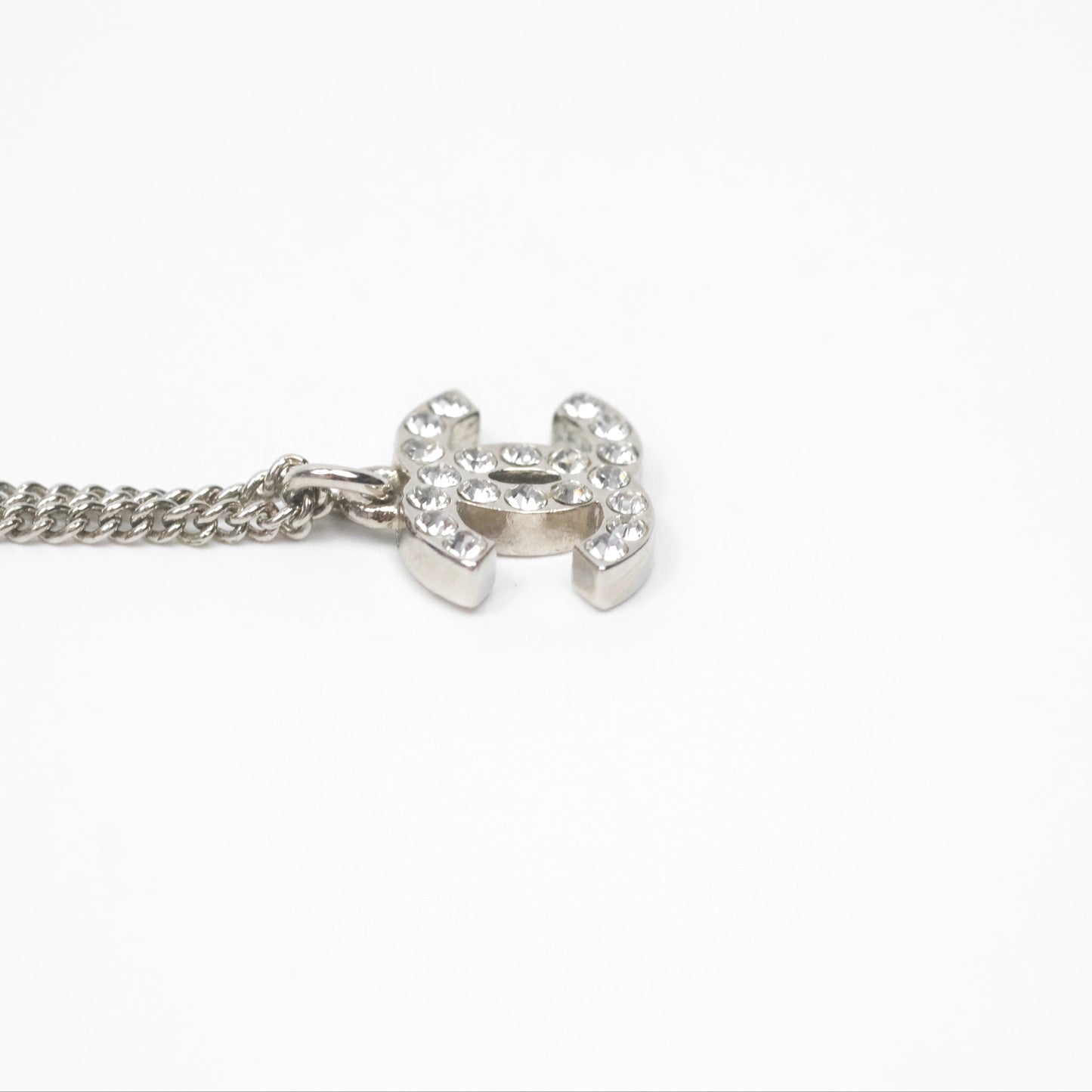 Chanel Crystal CC Necklace Silver Tone 12V