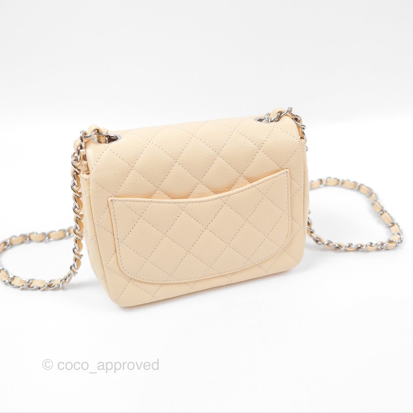Chanel Quilted Mini Square Flap Light Beige Caviar Silver Hardware