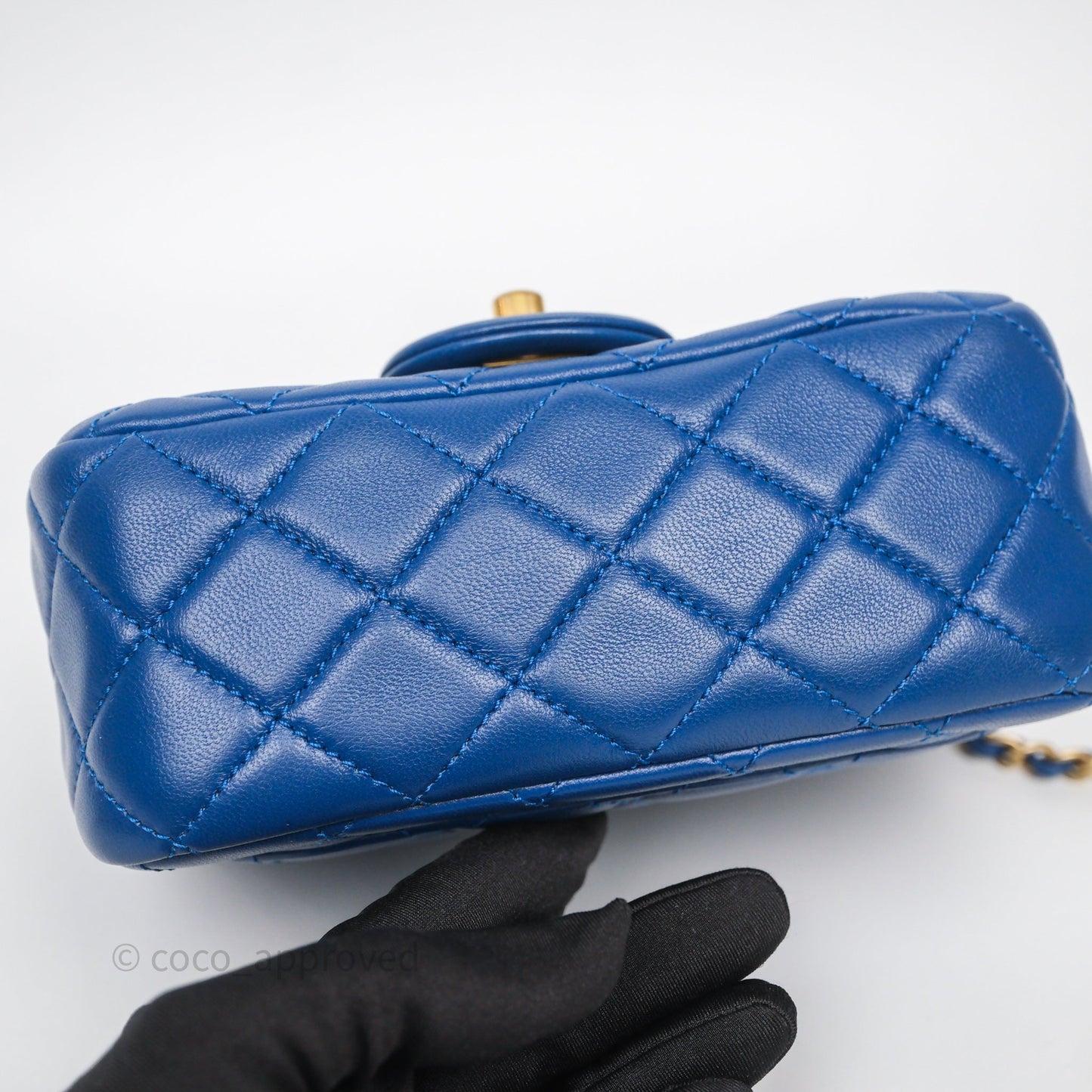 Chanel Pearl Crush Mini Square Quilted Blue Lambskin Aged Gold Hardware