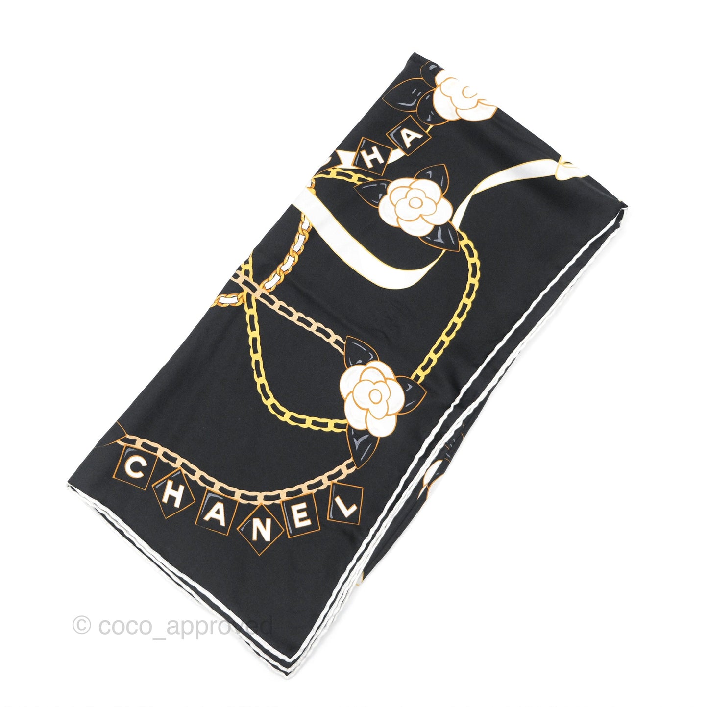 Chanel Camellia Square Silk Scarf 90 Black/ White