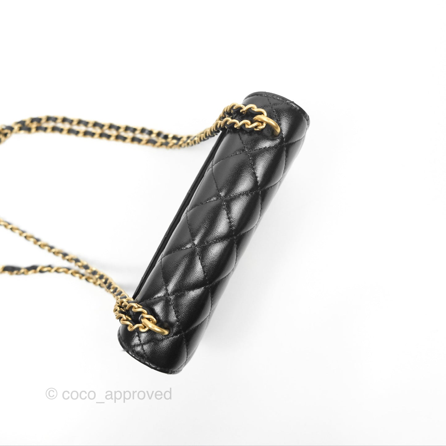 Chanel Flap Phone Holder With Chain Quilted Black Shiny Lambskin