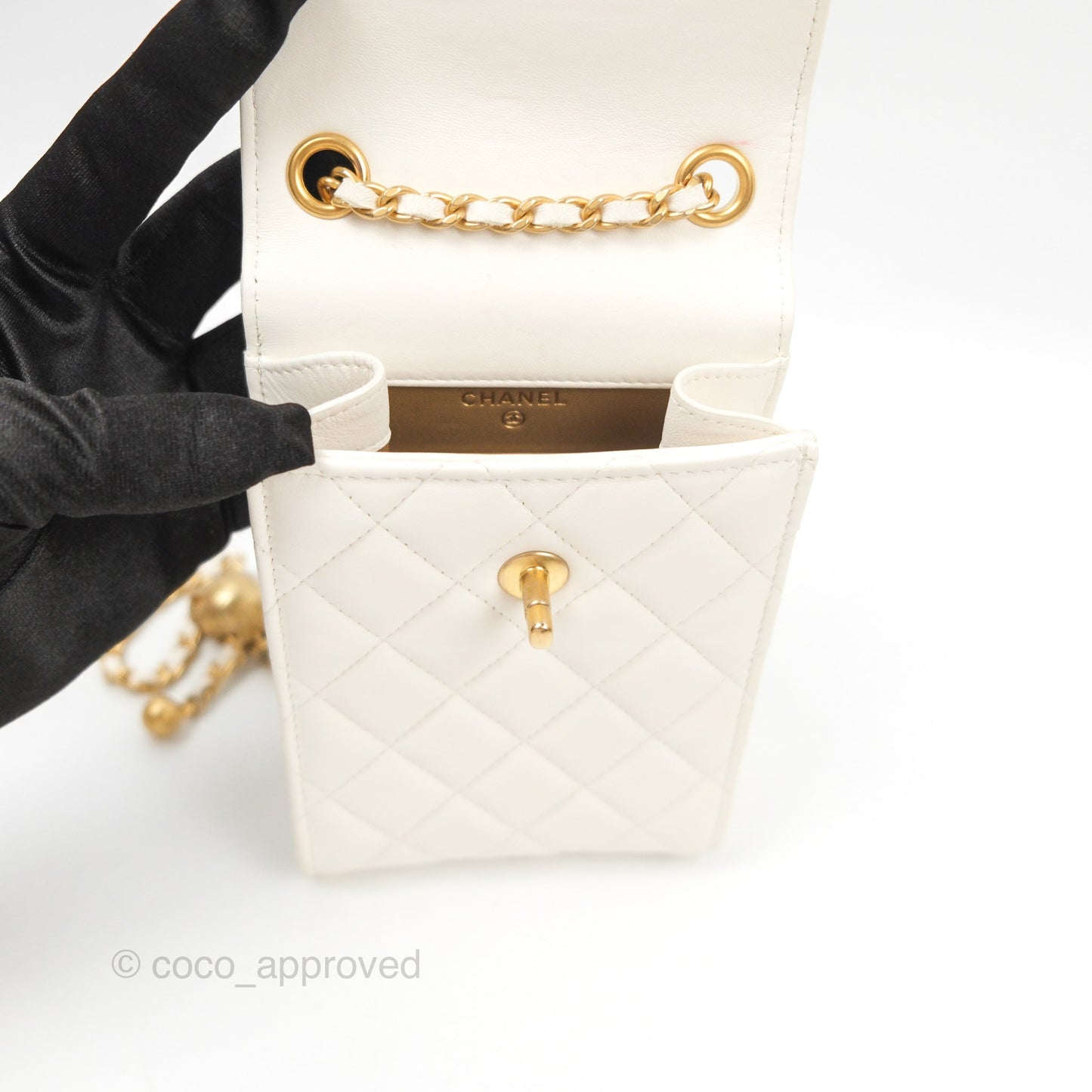 Chanel Quilted Pearl Crush Phone Holder With Chain White Lambskin