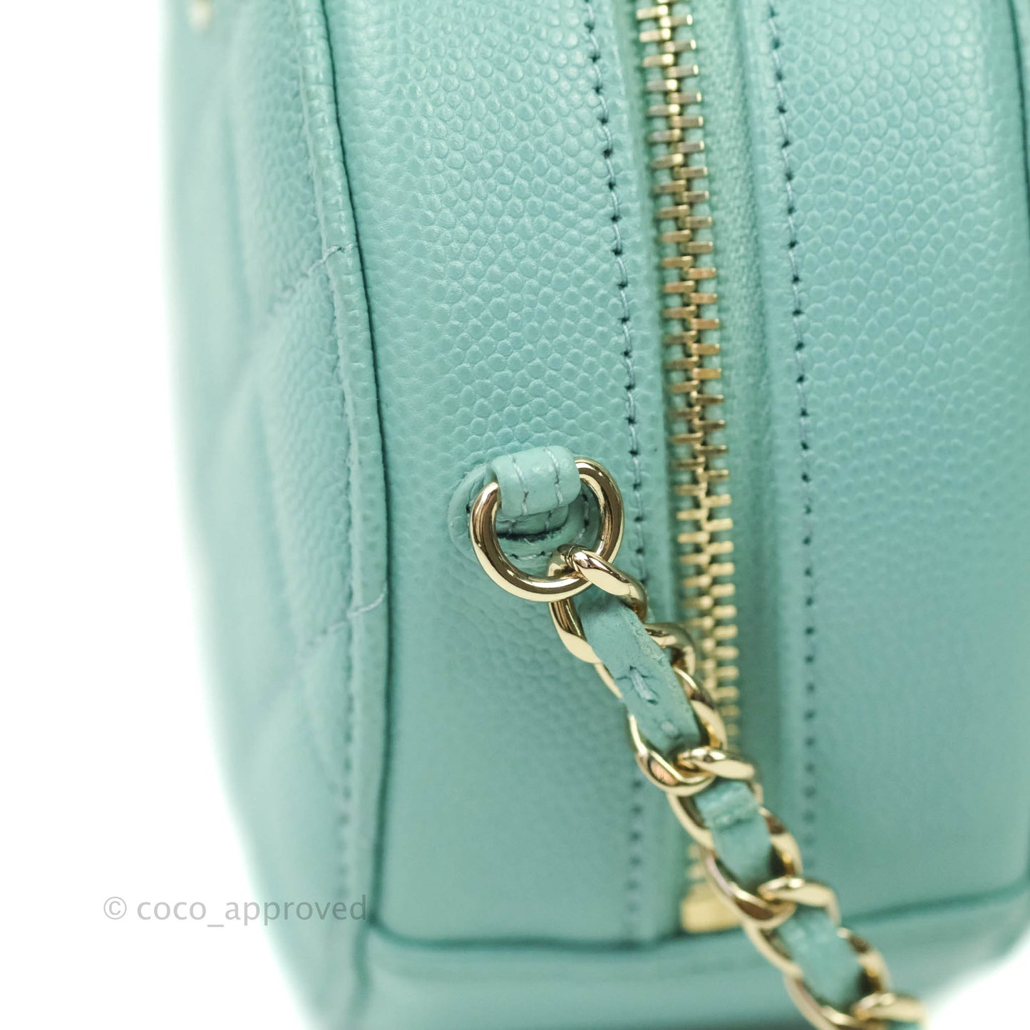 Chanel Classic Quilted Round Clutch With Chain Tiffany Blue Caviar Gold Hardware