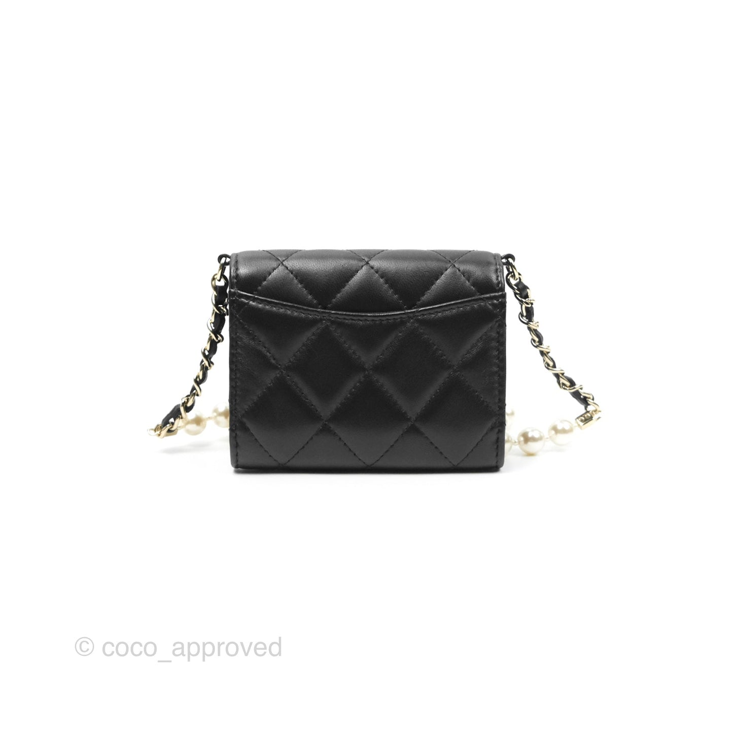 Chanel Mini Clutch With Pearl Chain Black Lambskin Gold Hardware