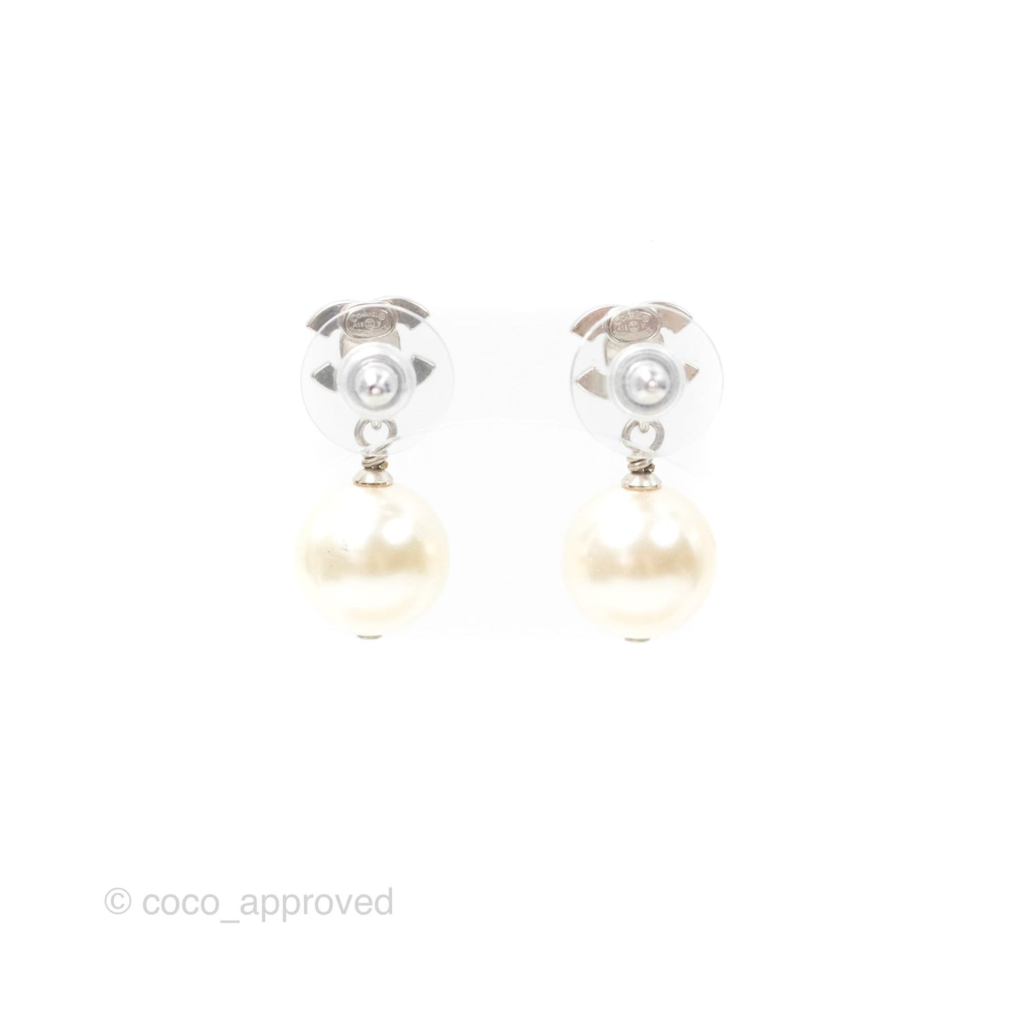 Chanel CC Rhinestone Pearl Drop Earrings Silver Tone