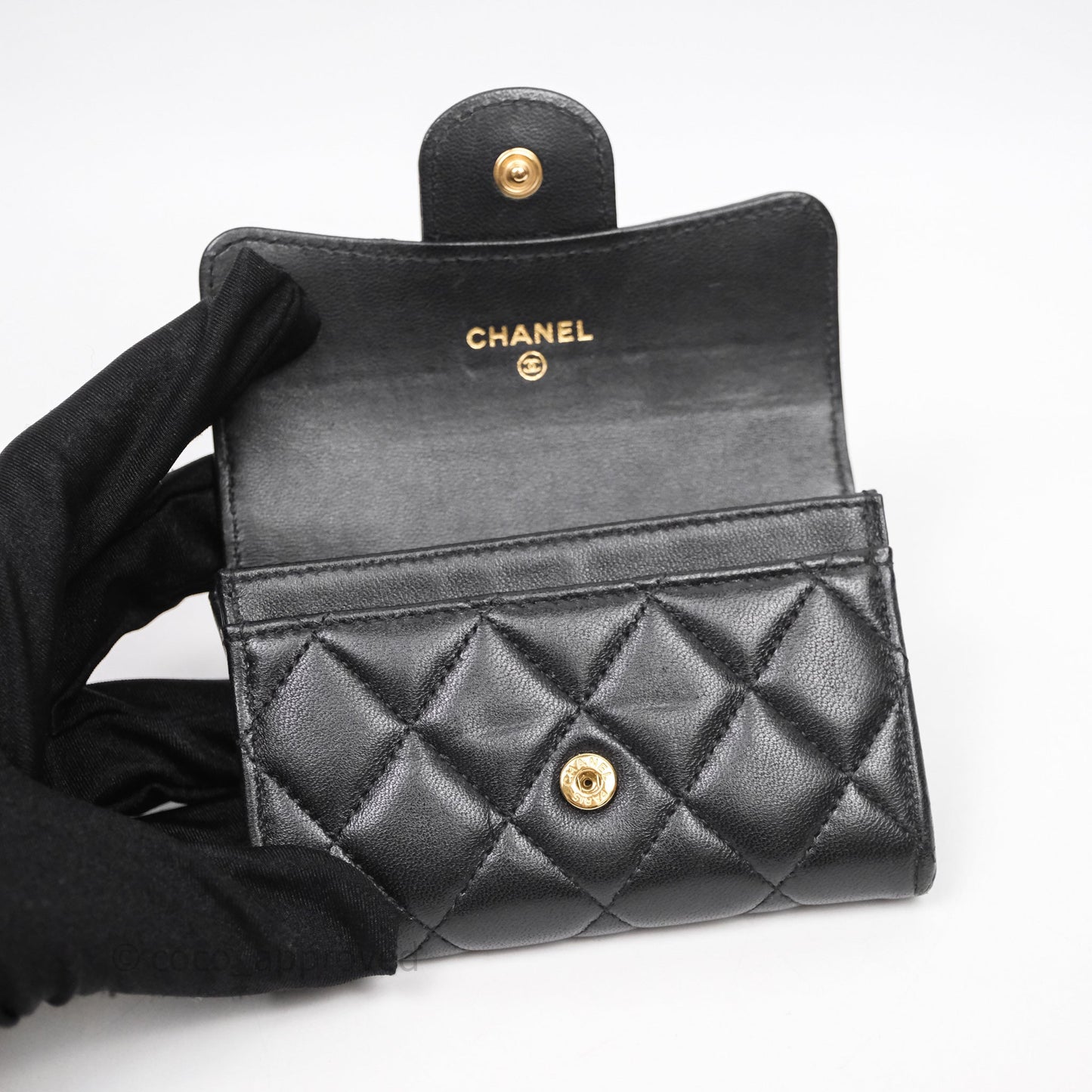Chanel Quilted Flap Card Holder Black Lambskin Gold Hardware