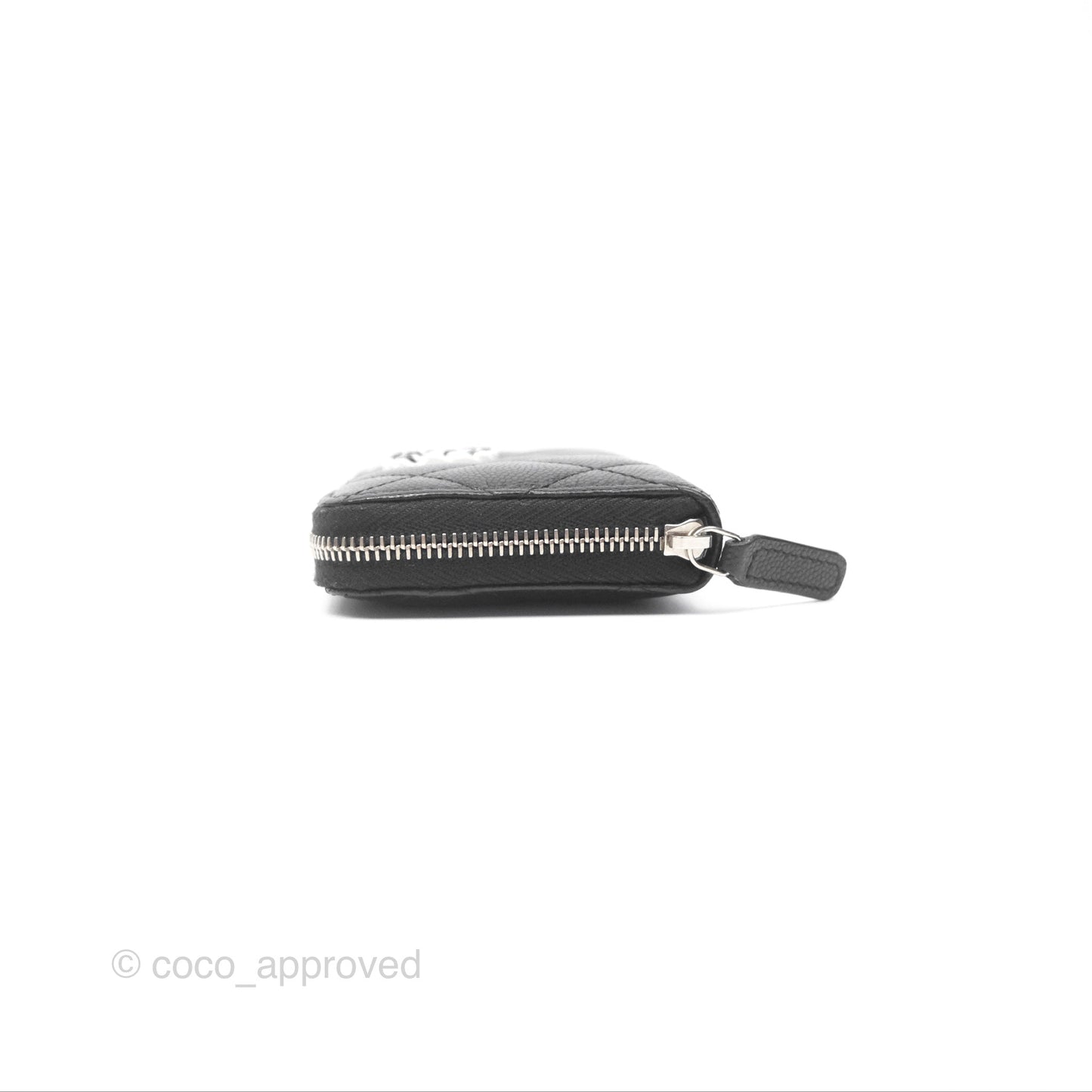 Chanel Zipped Coin Purse Black Caviar White CC Silver Hardware