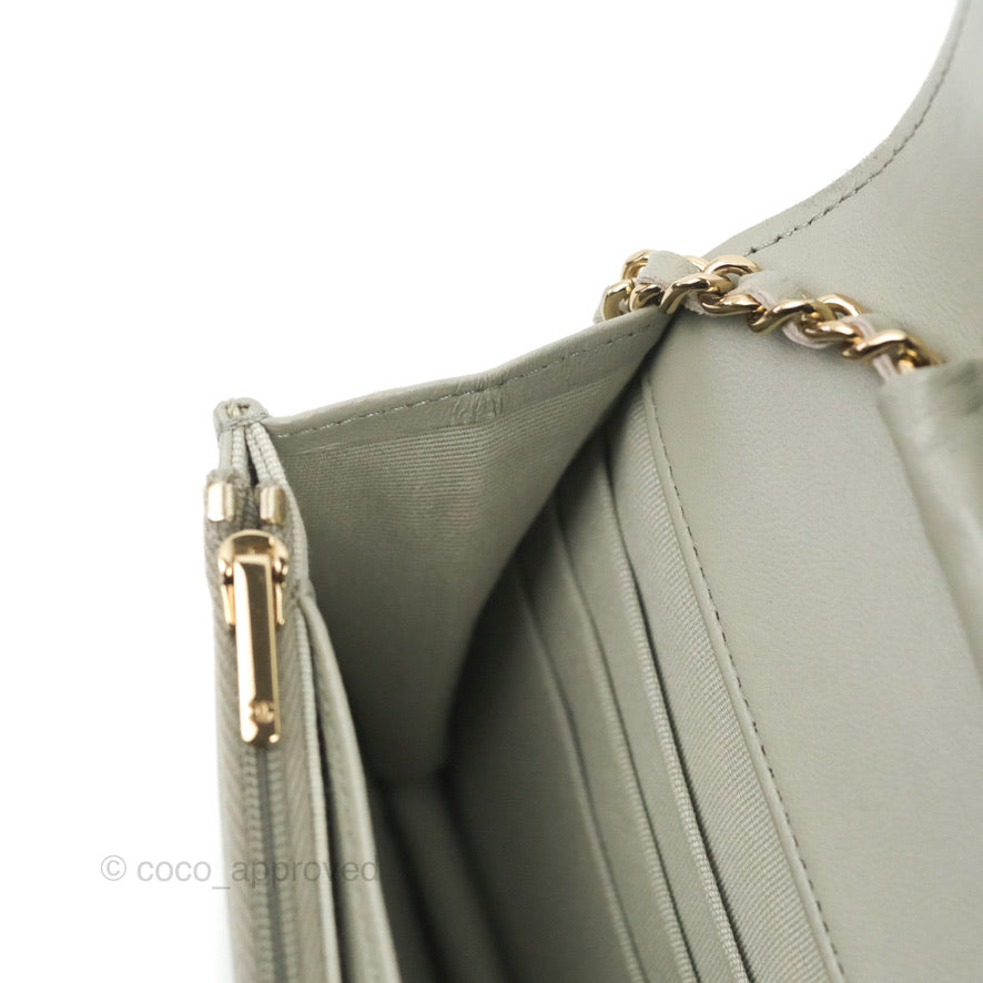 Chanel Quilted Classic Wallet on Chain WOC Light Grey Lambskin Gold Hardware