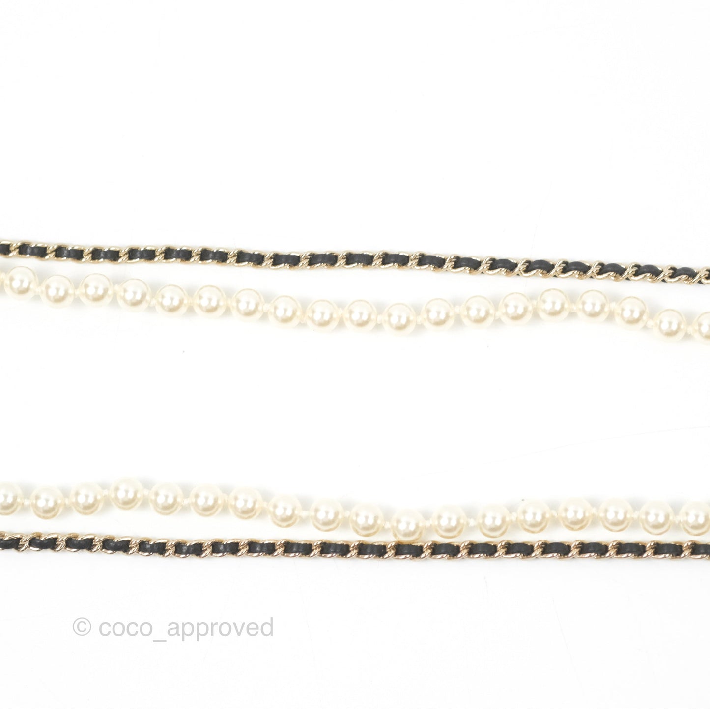 Chanel Flap Bag Charm Pearl Chain Black Leather Long Necklace Gold Tone 21S