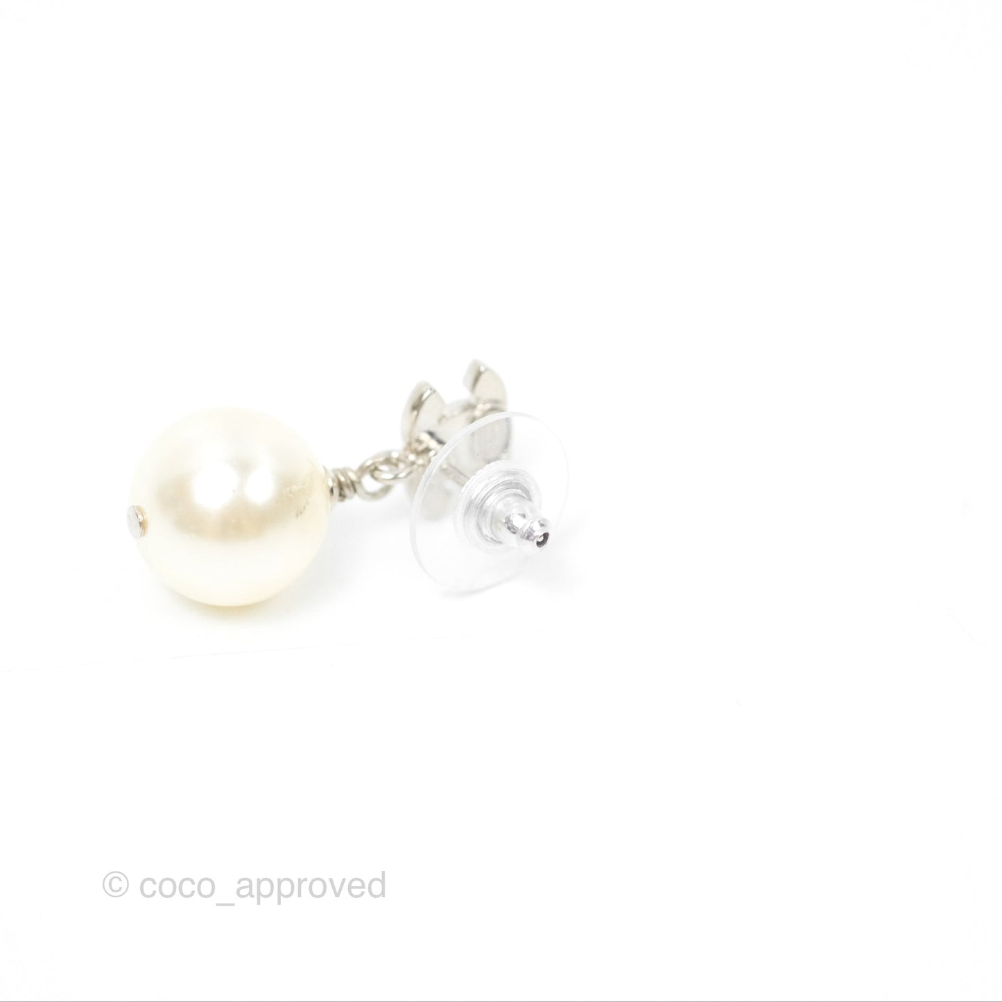 Chanel CC Rhinestone Pearl Drop Earrings Silver Tone