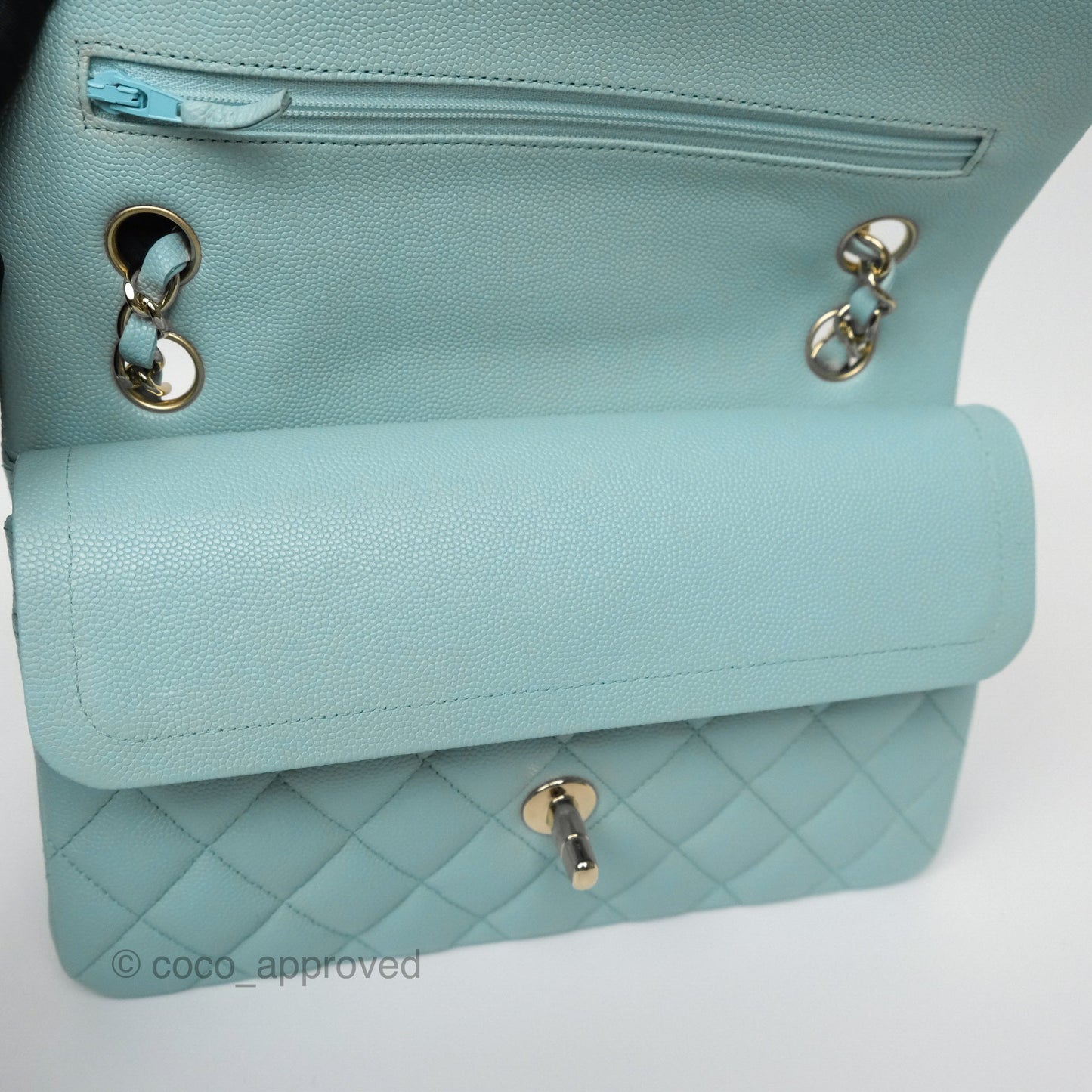 Chanel Small S/M Classic Flap Quilted Tiffany Blue Caviar Gold Hardware