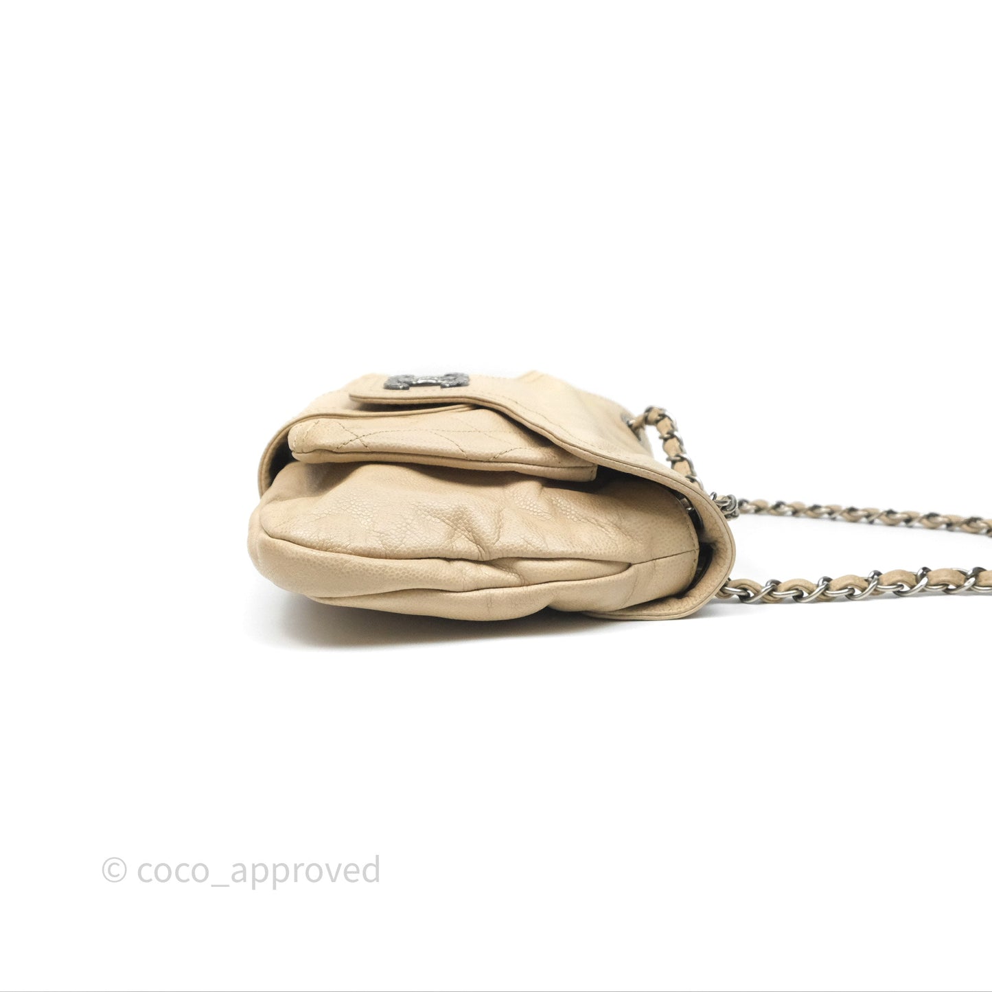 Chanel Quilted Coco Rider Hobo Bag Beige Caviar Ruthenium Hardware