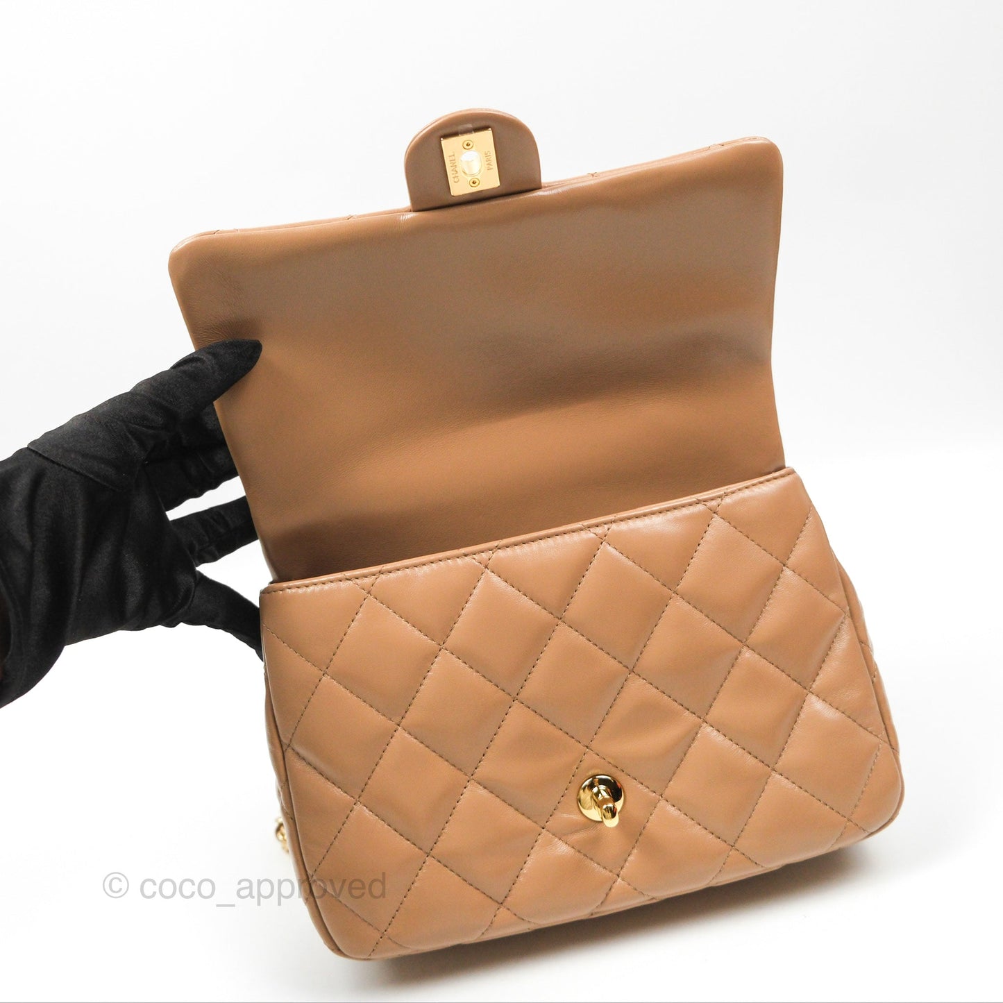 Chanel Top Handle Flap Bag Beige Shiny Lambskin Gold Hardware 23A