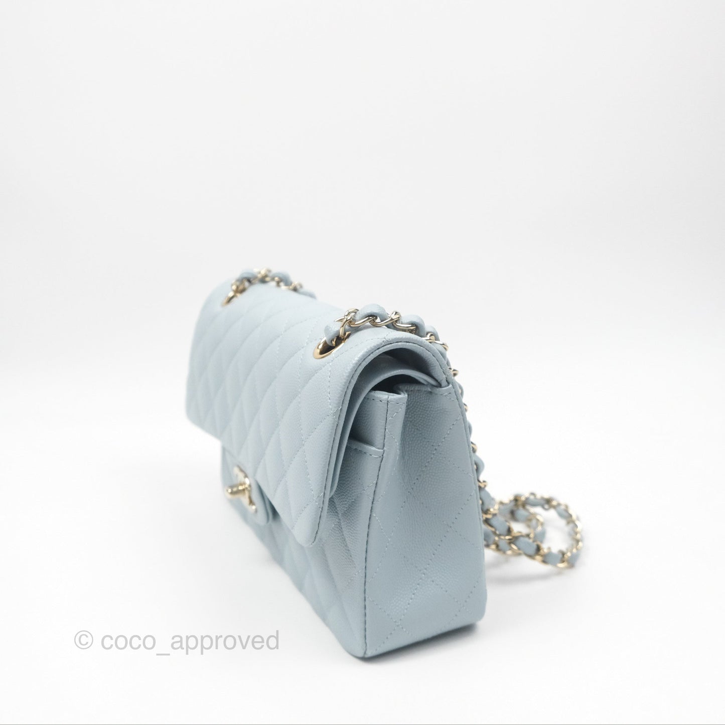 Chanel Small Classic Quilted Flap Light Blue Caviar Gold Hardware