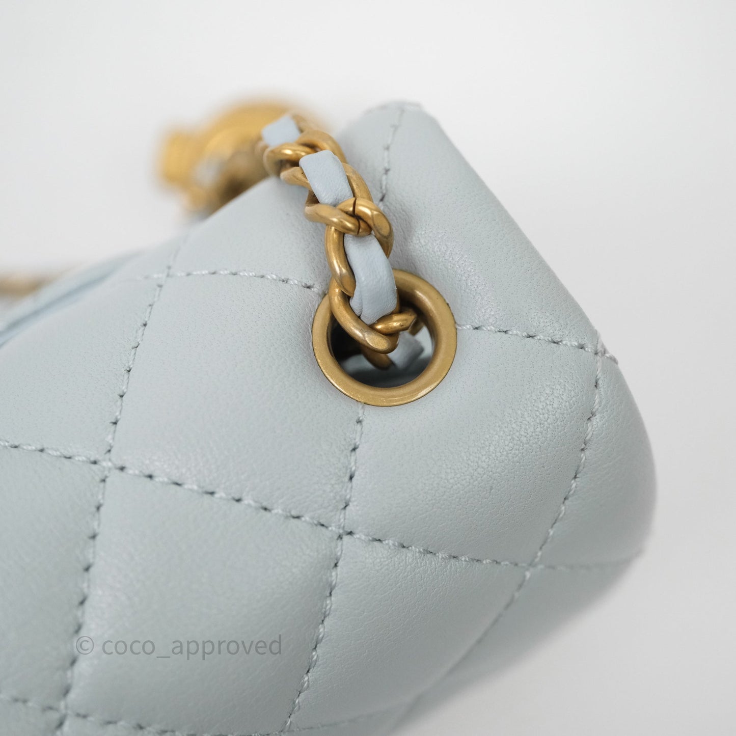 Chanel Pearl Crush Mini Rectangular Light Blue Lambskin Aged Gold Hardware