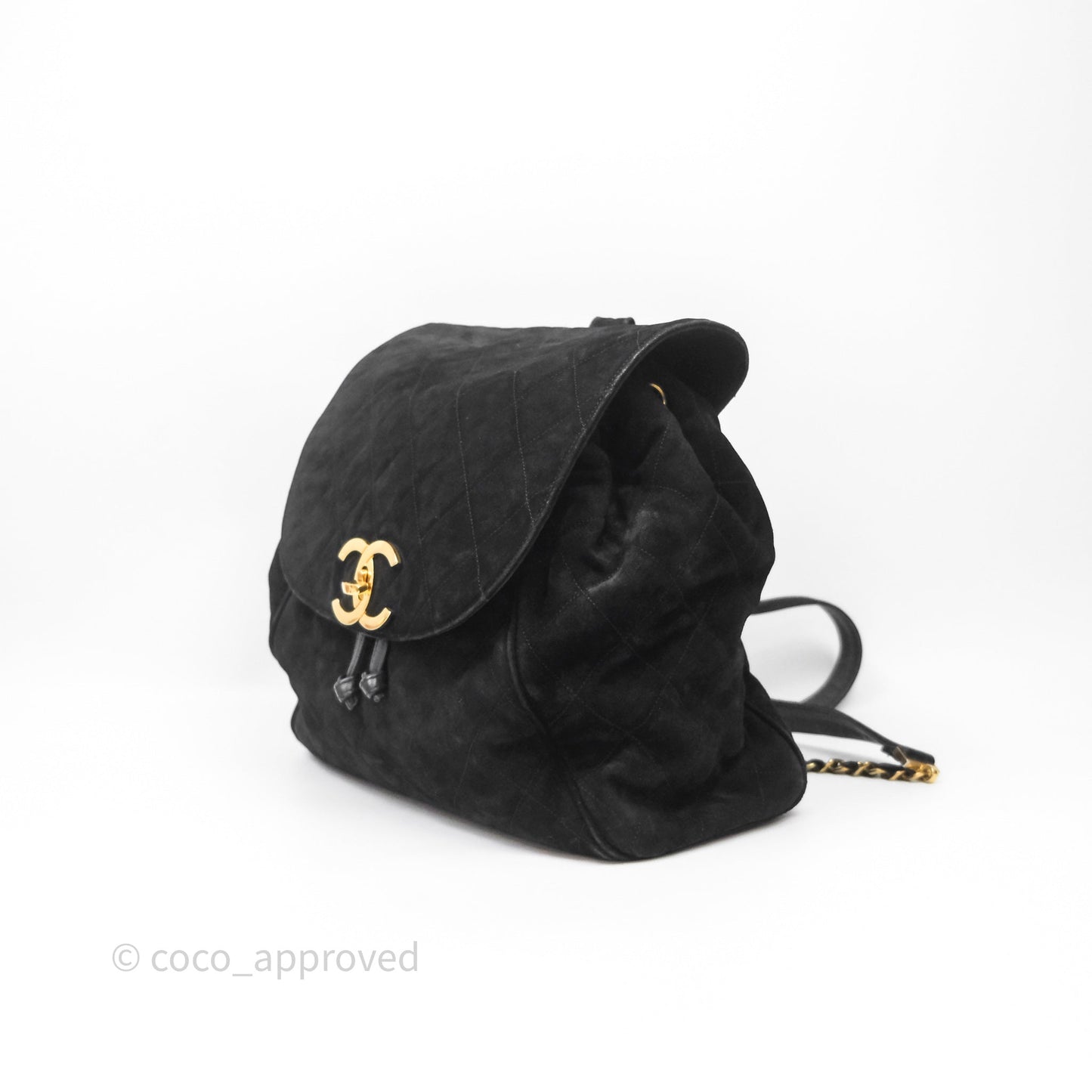 Chanel Vintage Quilted Suede CC Backpack Black Gold Hardware