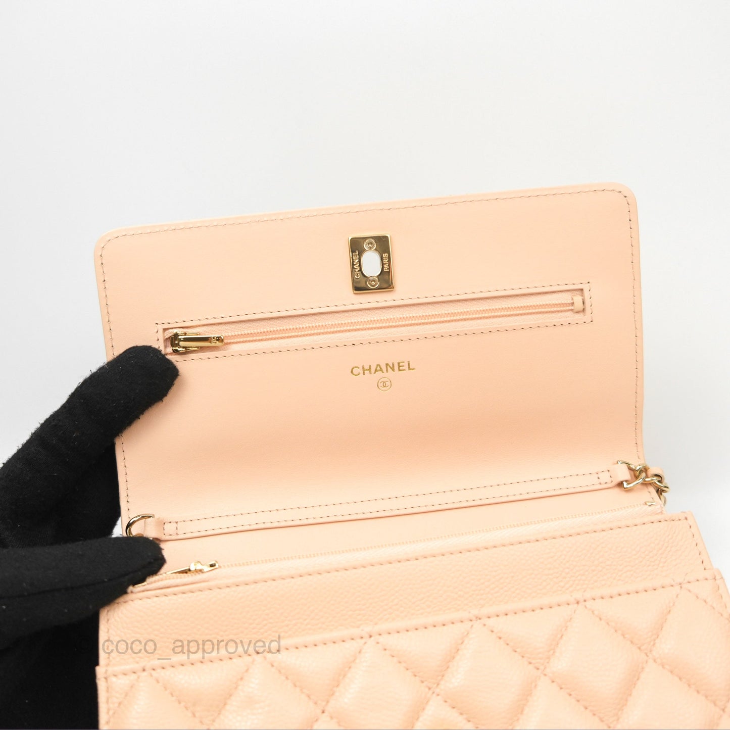 Chanel Quilted Bow Wallet On Chain WOC Light Beige Caviar Gold Hardware