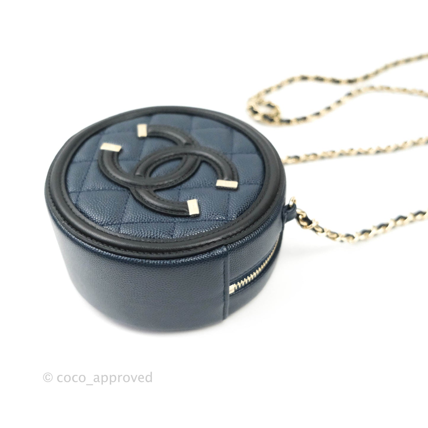 Chanel Quilted Round Filigree Clutch With Chain Navy Black Caviar Gold Hardware