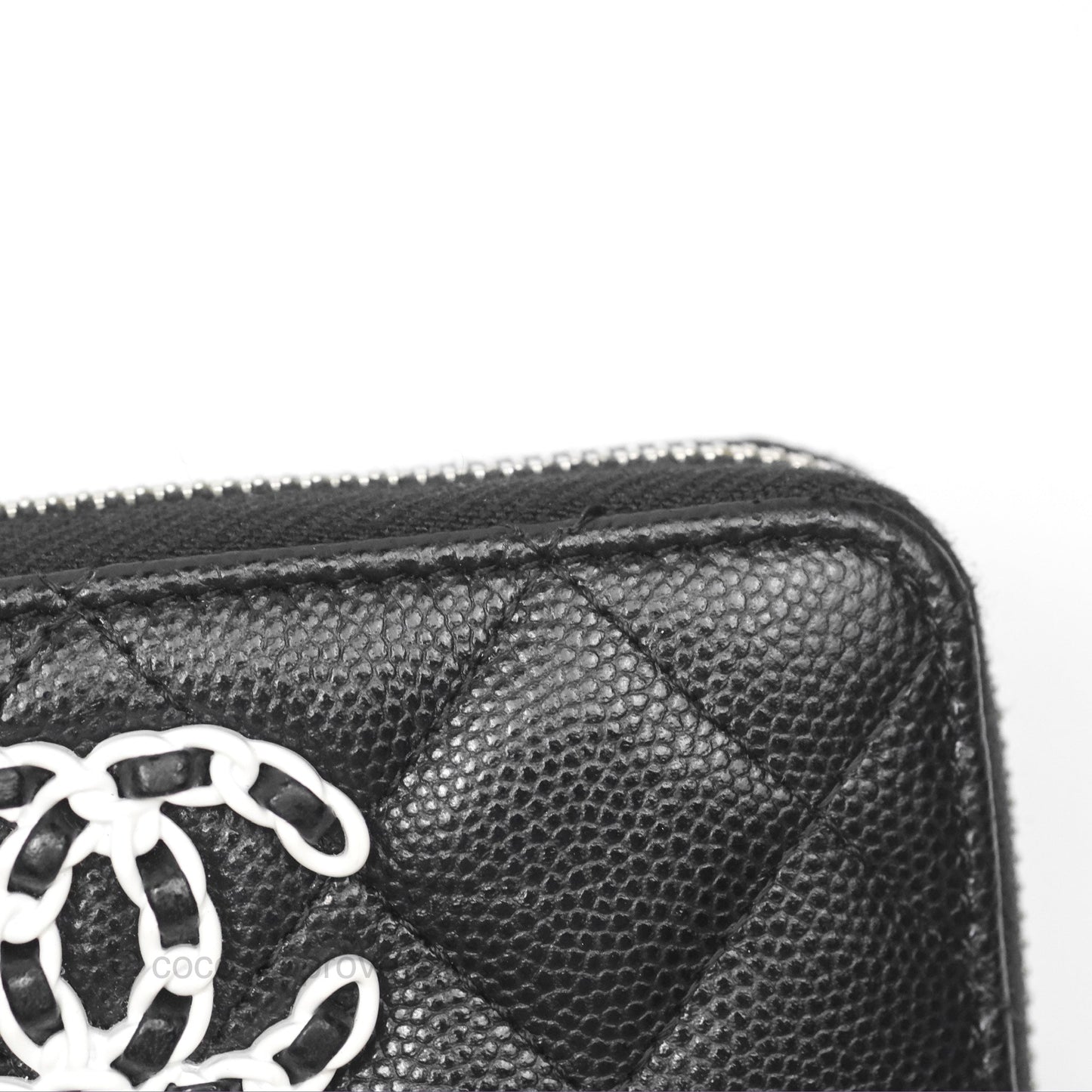 Chanel Zipped Coin Purse Black Caviar White CC Silver Hardware