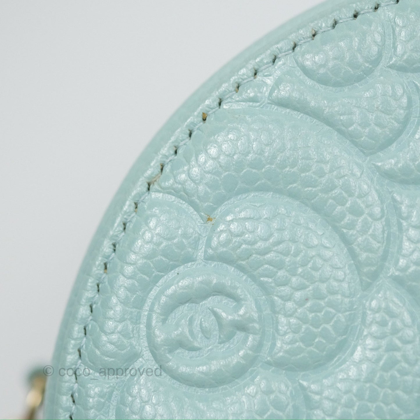Chanel Camellia Embossed Round Clutch With Chain Light Tiffany Blue Caviar